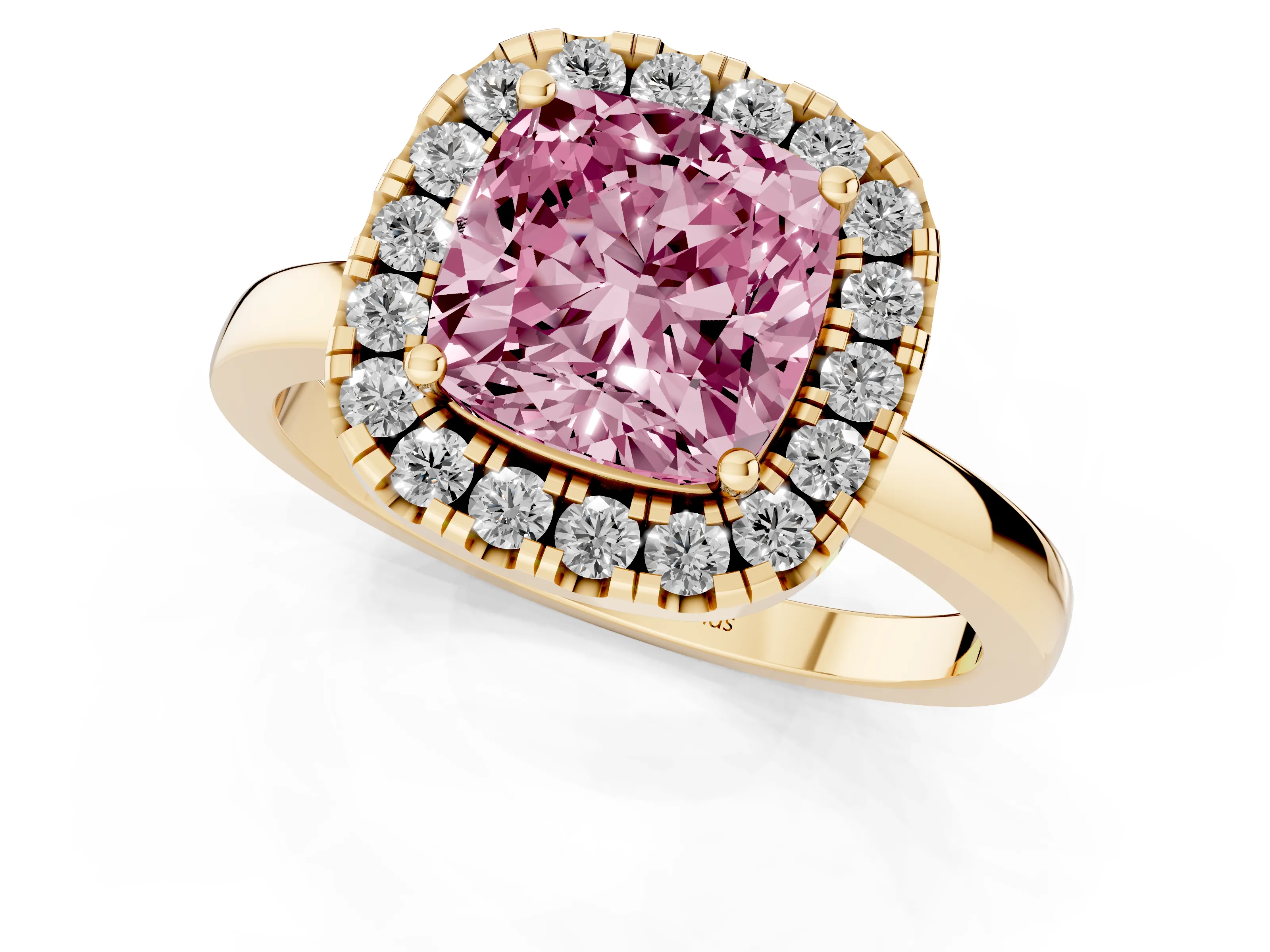 Fancy Pink Cushion Cut Diamond Halo Solitaire Ring Set in Yellow gold with Pavé Band and Prong Setting