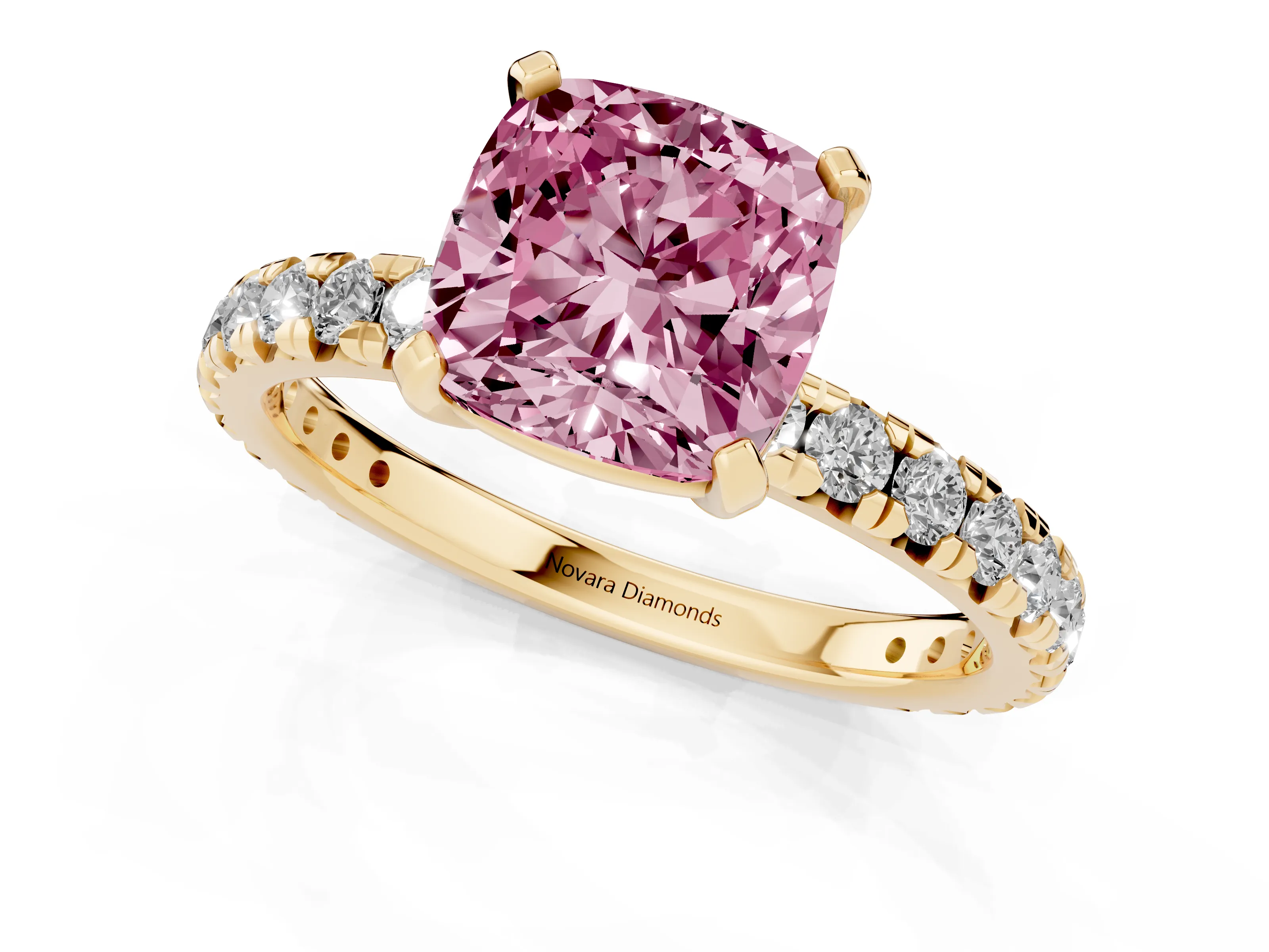 Fancy Pink Cushion Cut Diamond Pavé Solitaire Ring Set in Yellow gold with Round Band and Prong Setting – second view