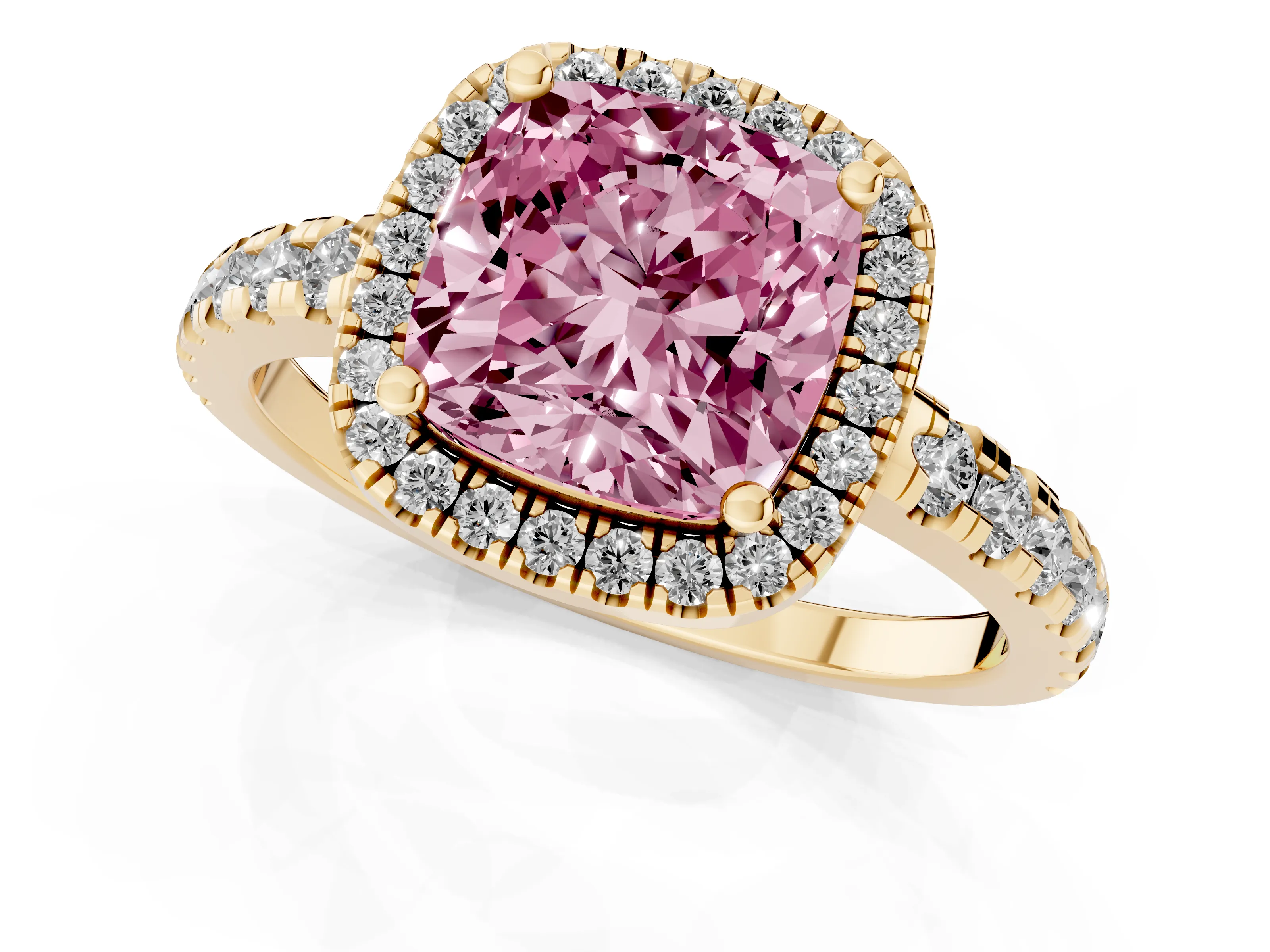 Fancy Pink Cushion Cut Diamond Halo Ring Set in Yellow gold with Delicate Pavé Band and Prong Setting