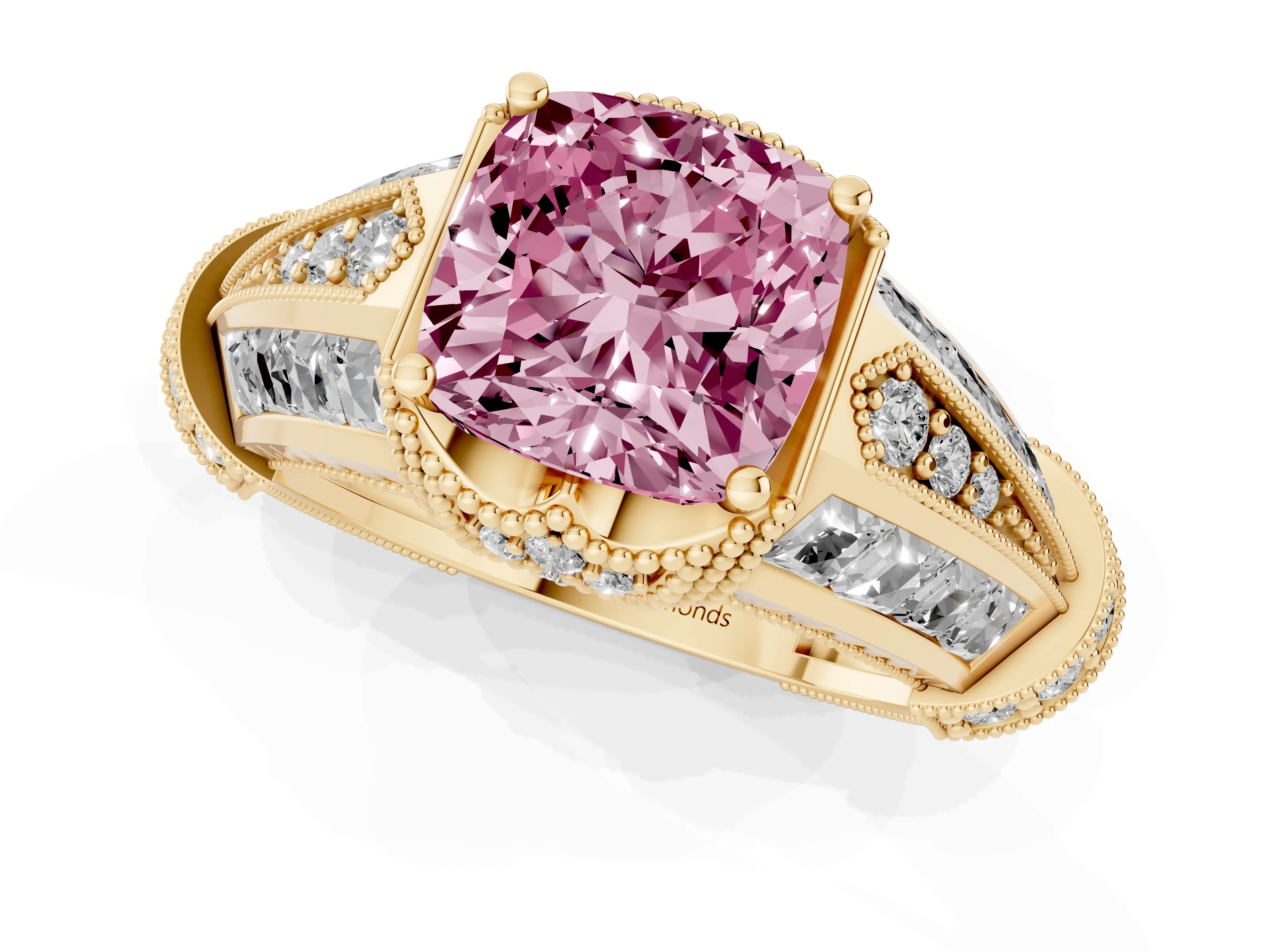 Fancy Pink Cushion Cut Diamond Vintage-Inspired Milgrain Ring Set in Yellow gold with Accent Split Shank