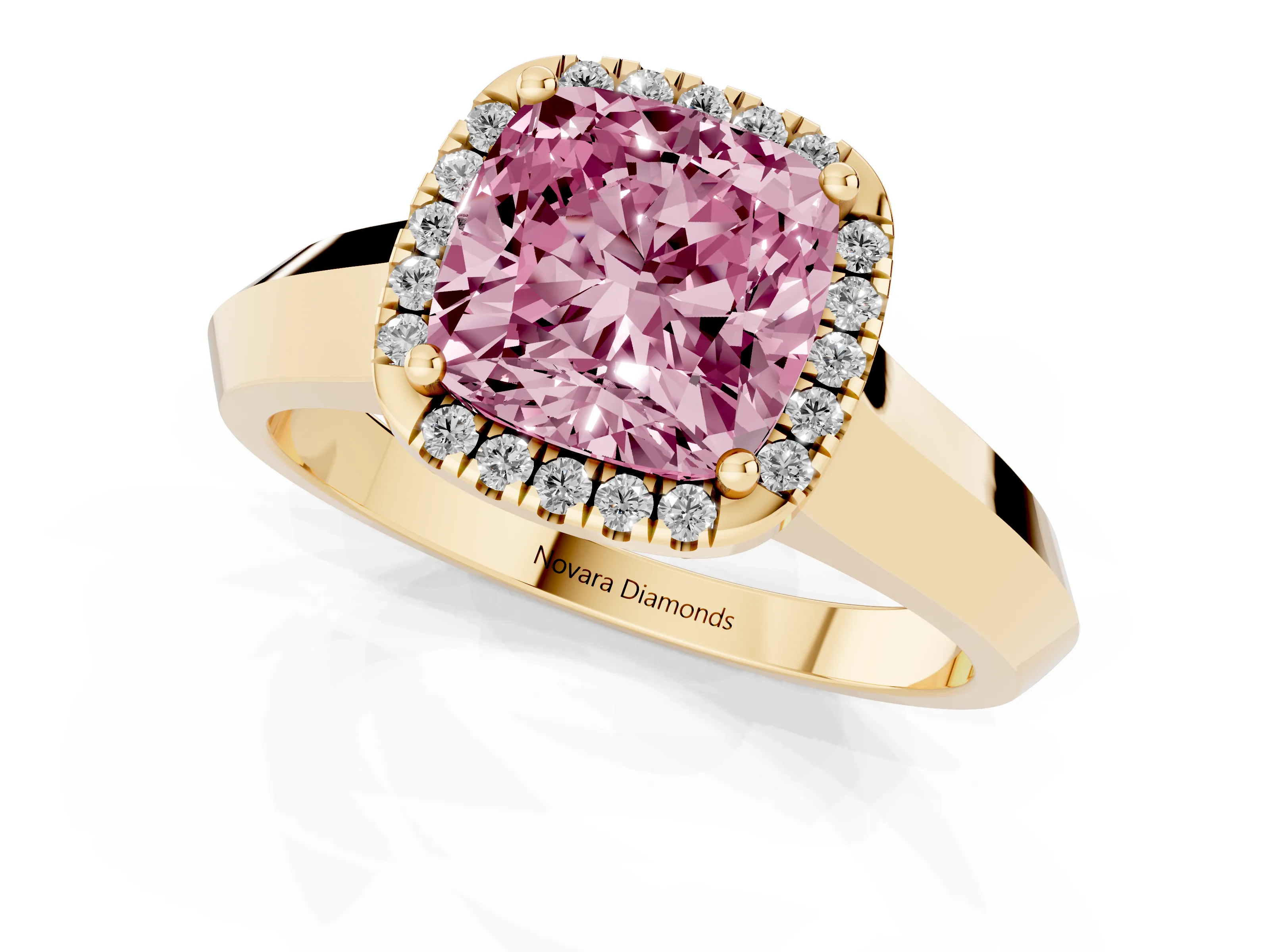 Fancy Pink Cushion Cut Diamond Halo Ring Set in Yellow gold with Cathedral Band and Prong Setting