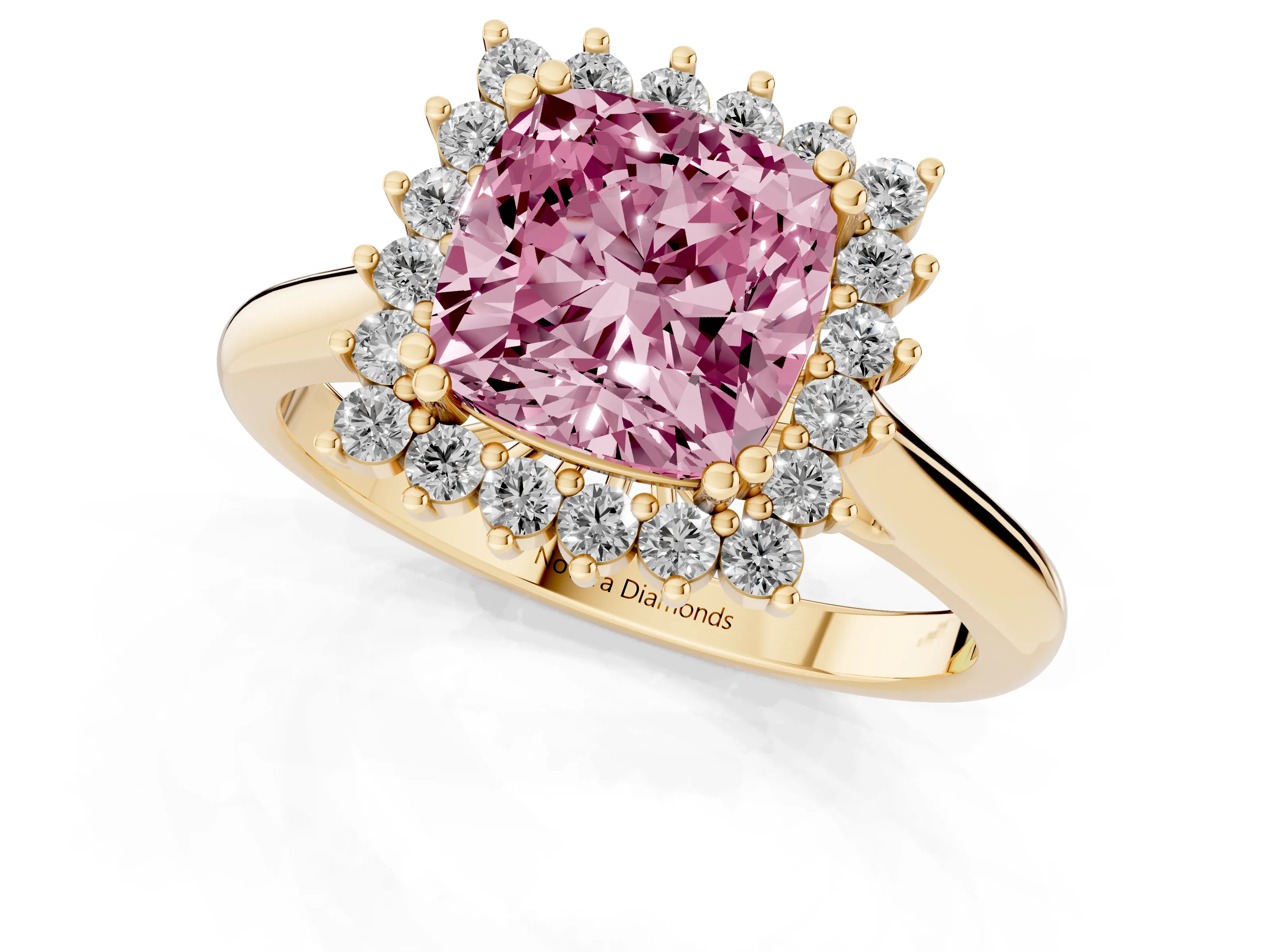Fancy Pink Cushion Cut Diamond Halo Ring Set in Yellow gold with Plain Solitaire Band and Prong Setting