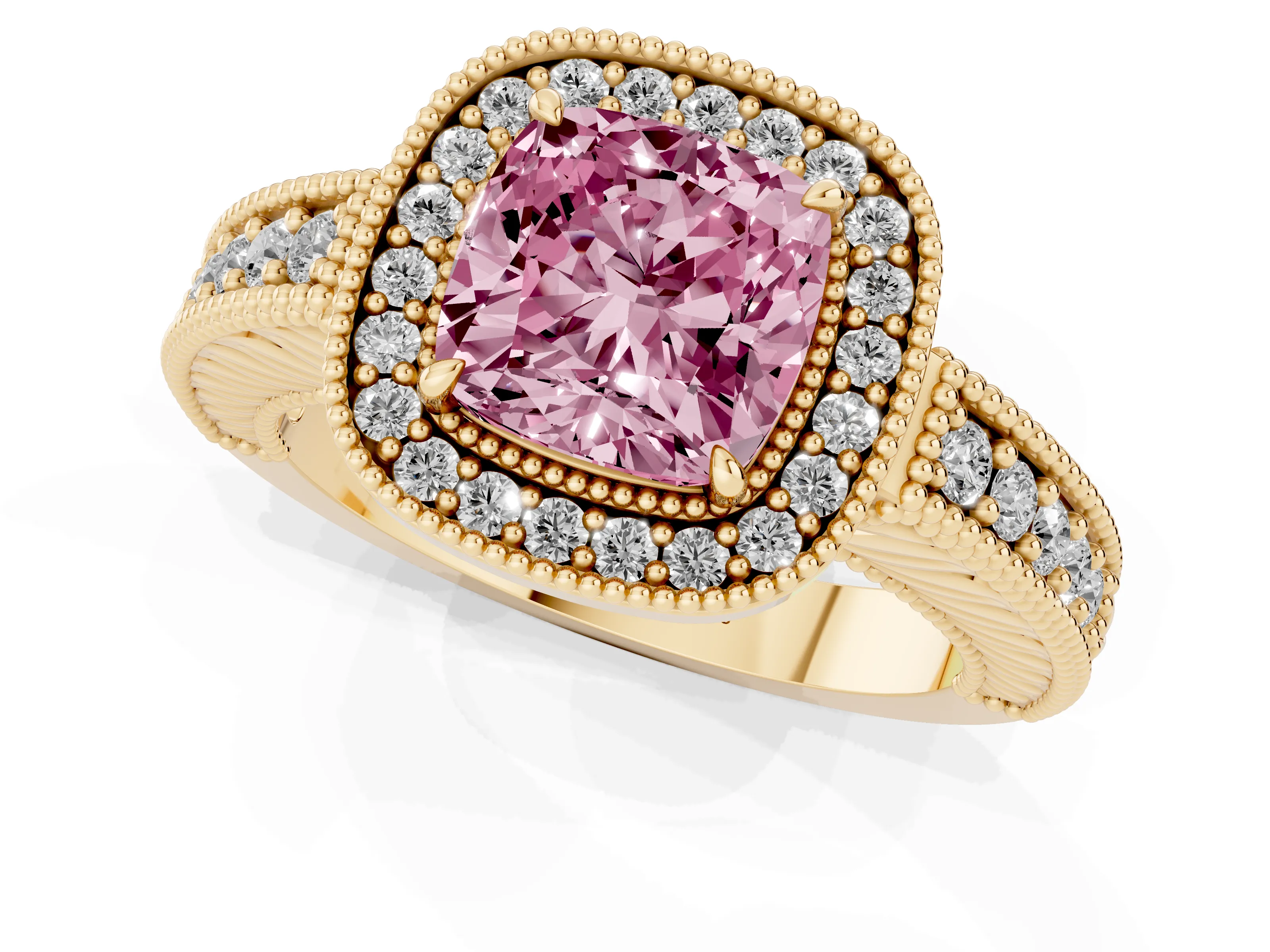 Fancy Pink Cushion Cut Diamond Halo Ring Set in Yellow gold with Round Accent Halo, Pavé Band and Prong Setting