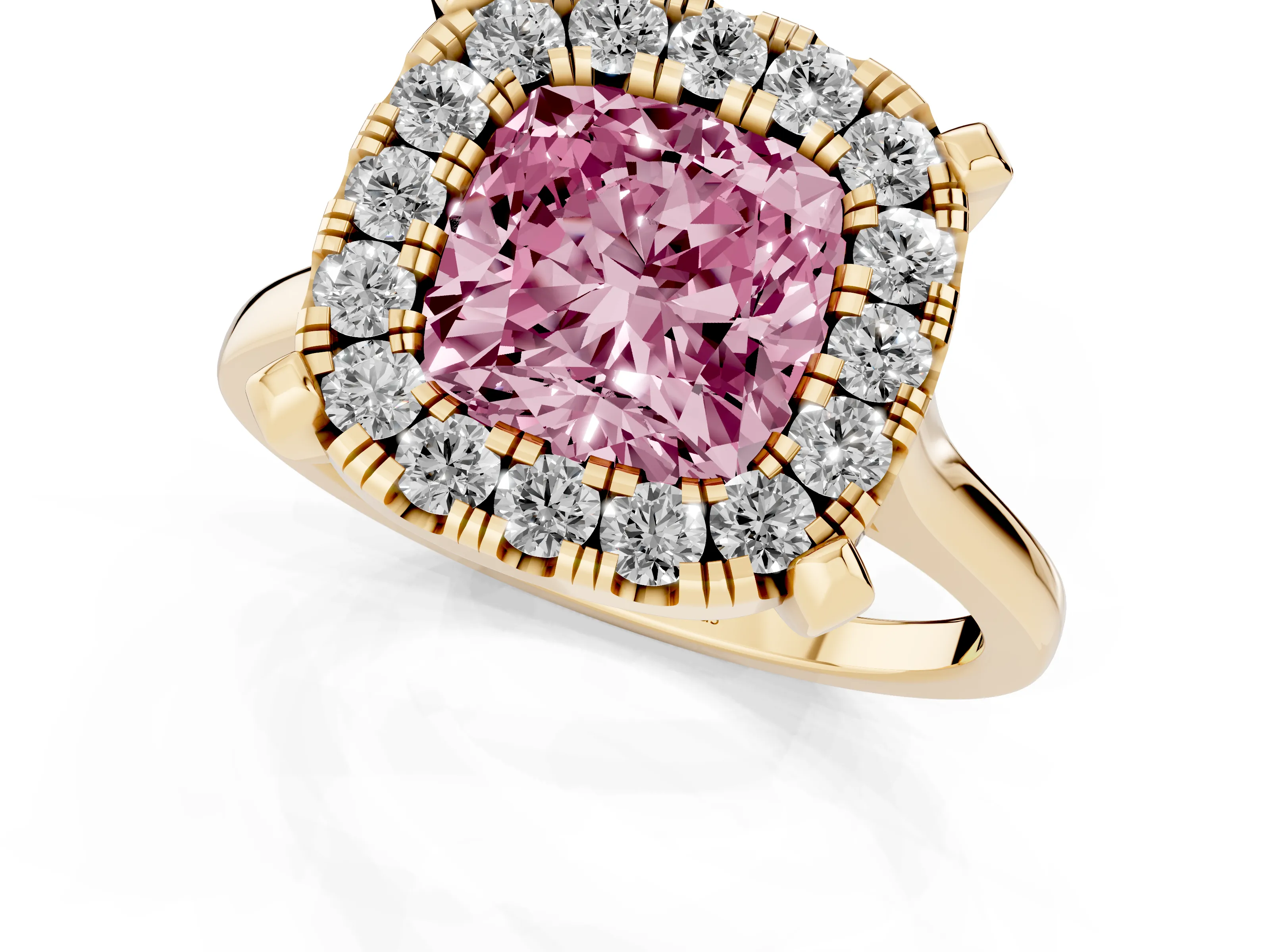 Fancy Pink Cushion Cut Diamond Cluster Halo Solitaire Ring Set in Yellow gold with Prong Setting