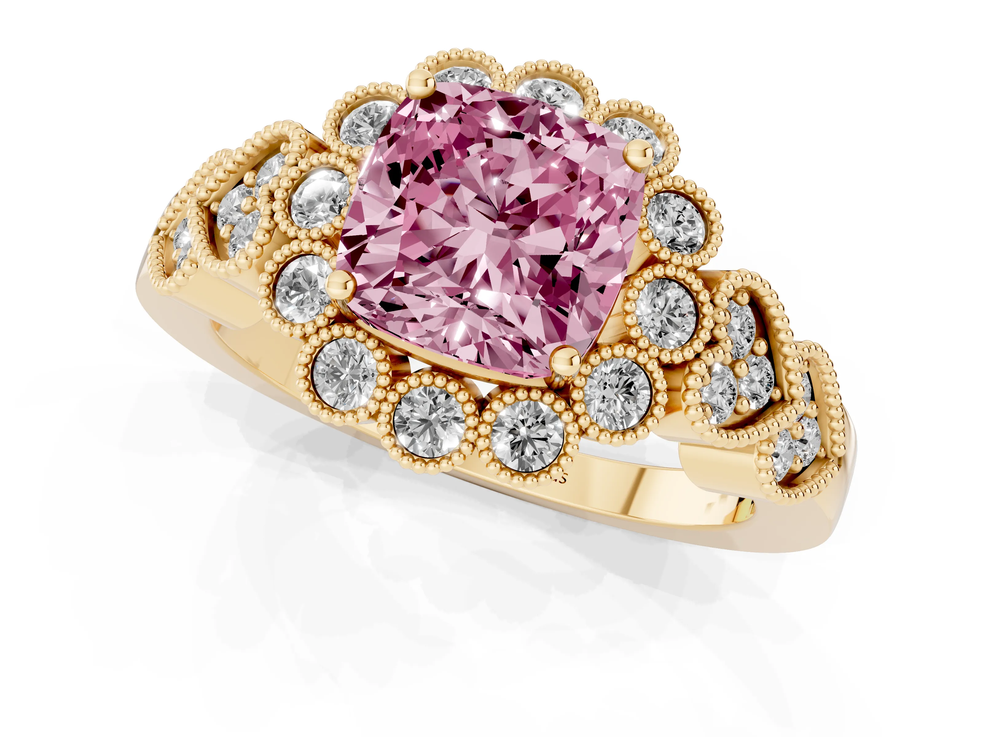Fancy Pink Cushion Cut Diamond Solitaire Ring Set in Yellow gold with Milgrain Pavé Heart Band