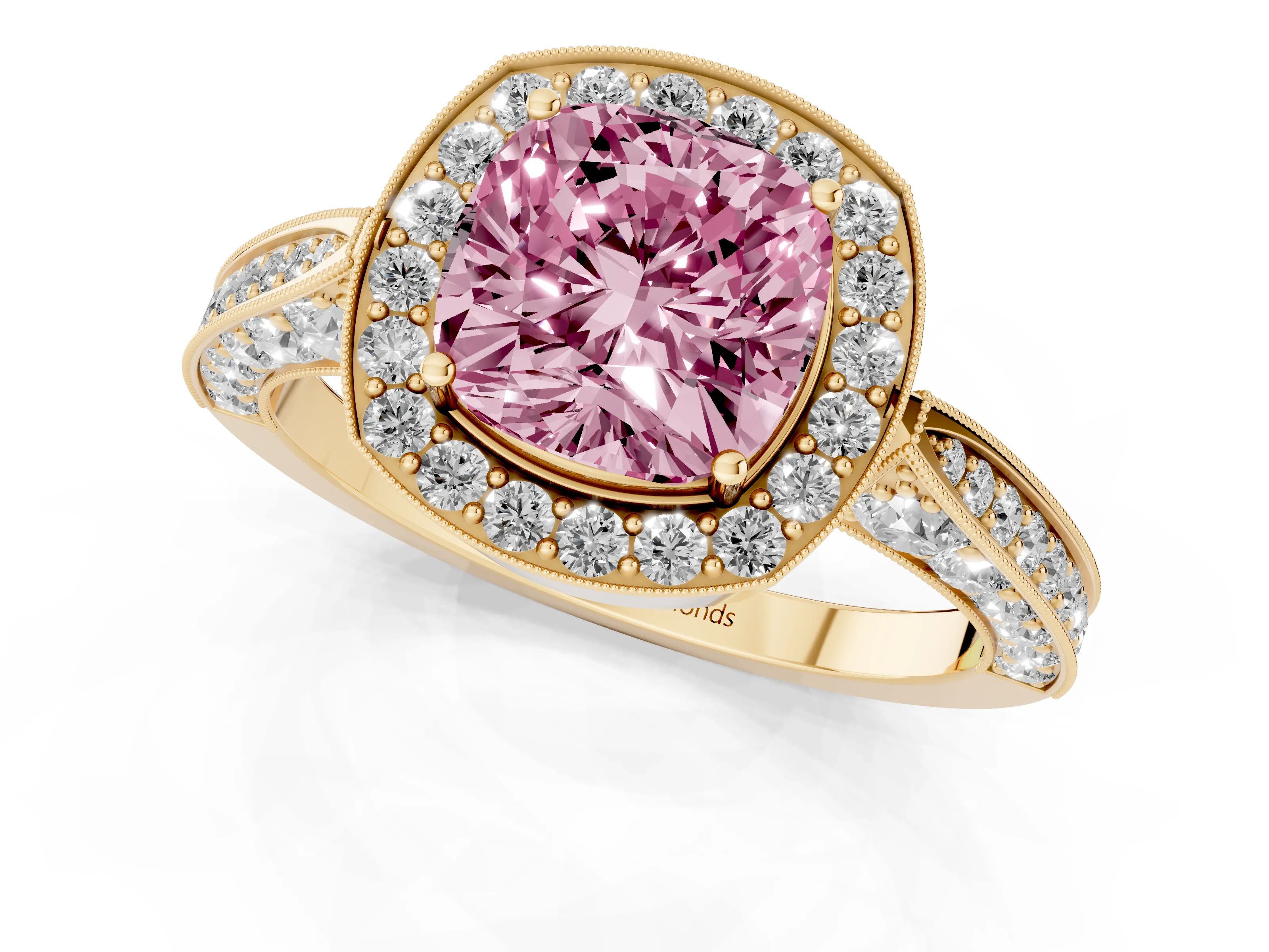 Fancy Pink Cushion Cut Diamond Halo Engagement Ring Set in Yellow gold with Accent Split Shank Band