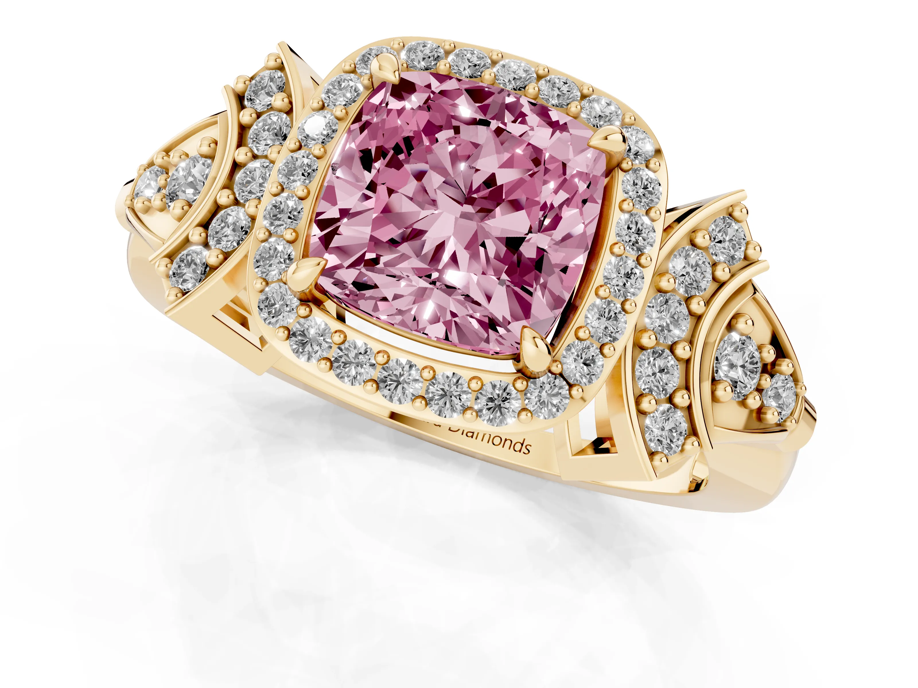 Fancy Pink Cushion Cut Diamond Halo Engagement Ring Set in Yellow gold with Accent Stone Split Shank