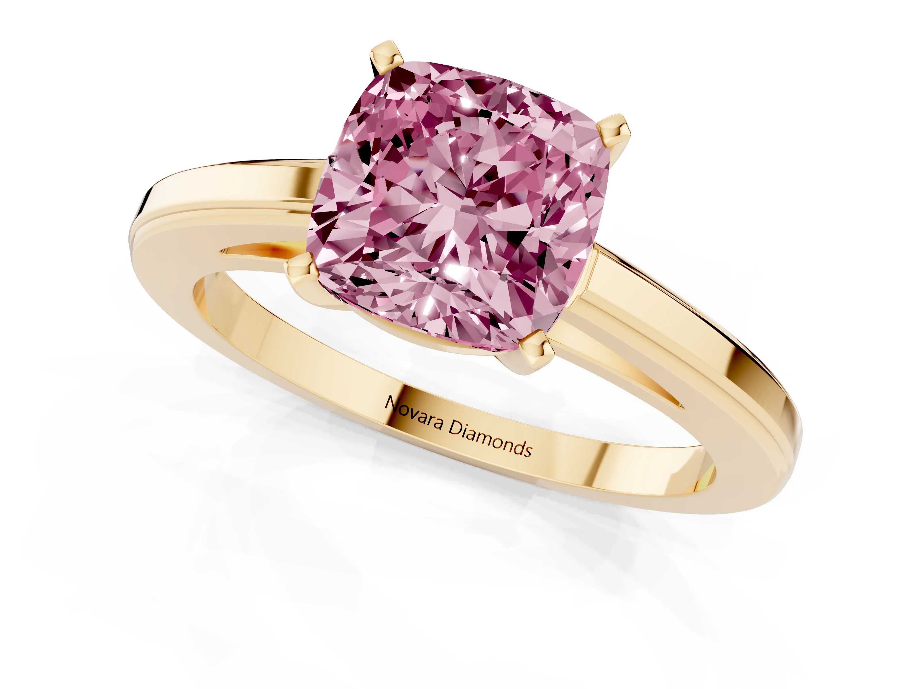 Fancy Pink Cushion Cut Diamond Solitaire Ring Set in Yellow gold with Prong Setting and Classic Band