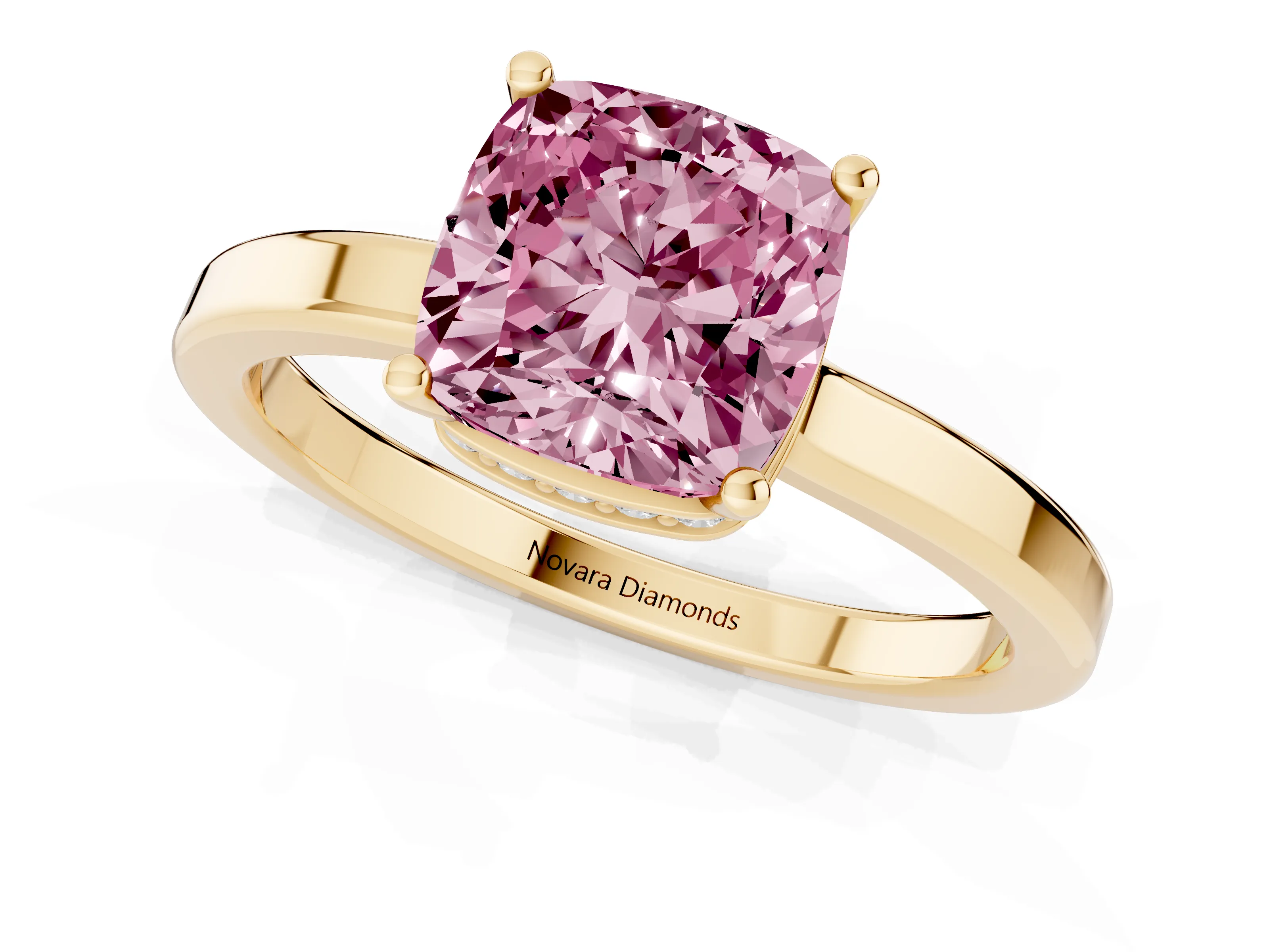 Fancy Pink Cushion Cut Diamond Solitaire Engagement Ring Set in Yellow gold with Prong Setting on a Plain Band