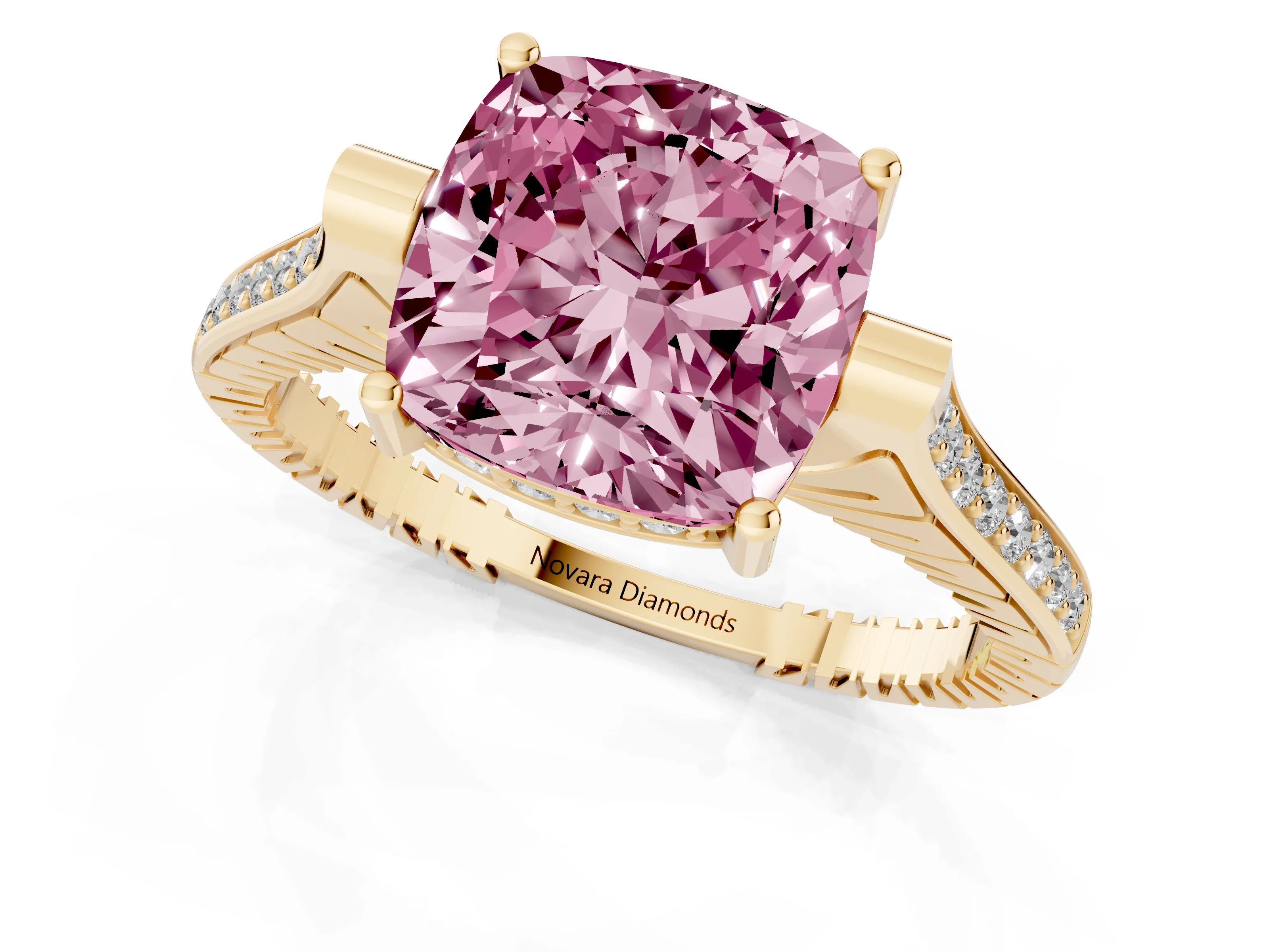 Fancy Pink Cushion Cut Diamond Solitaire Ring Set in Yellow gold with Channel Set Band and Bezel Prong Setting