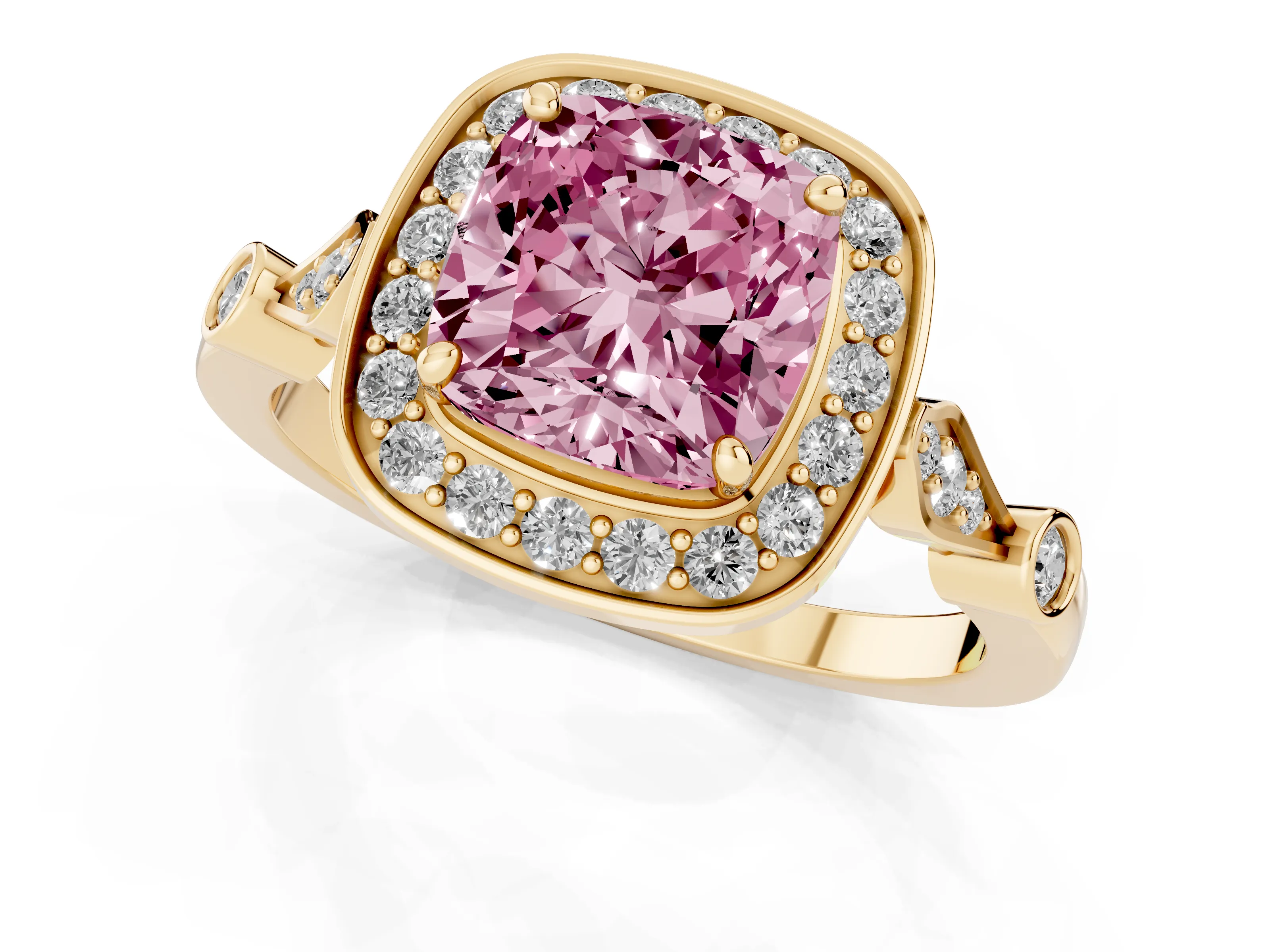 Fancy Pink Cushion Cut Diamond Halo Engagement Ring Set in Yellow gold with Twisted Band and Prong Setting