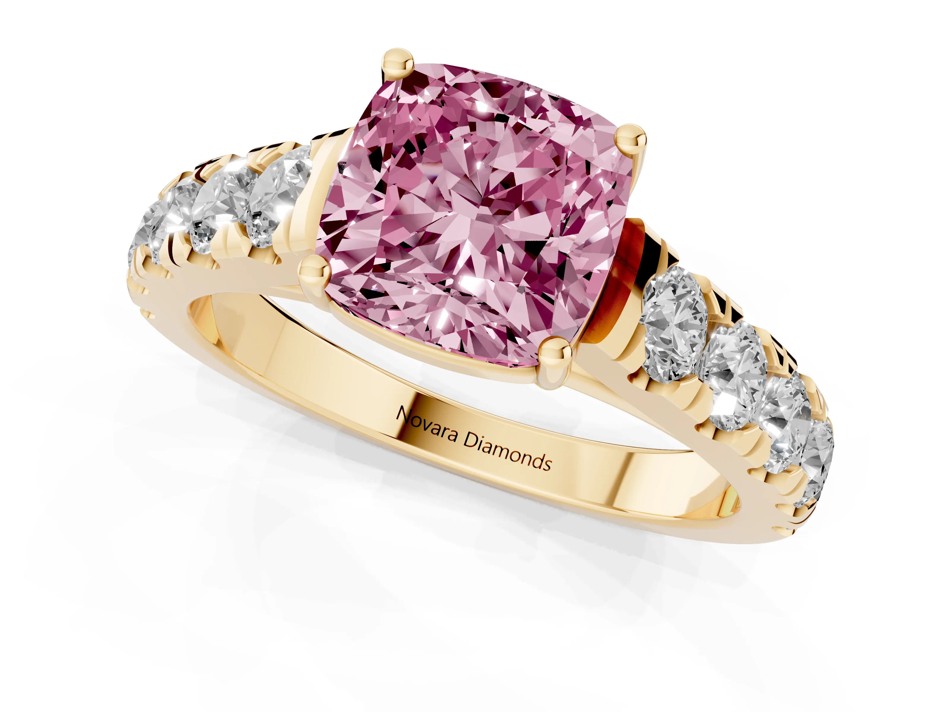 Fancy Pink Cushion Cut Diamond Solitaire Ring Set in Yellow gold with Cut-Down Micro Pavé Band and Prong Setting