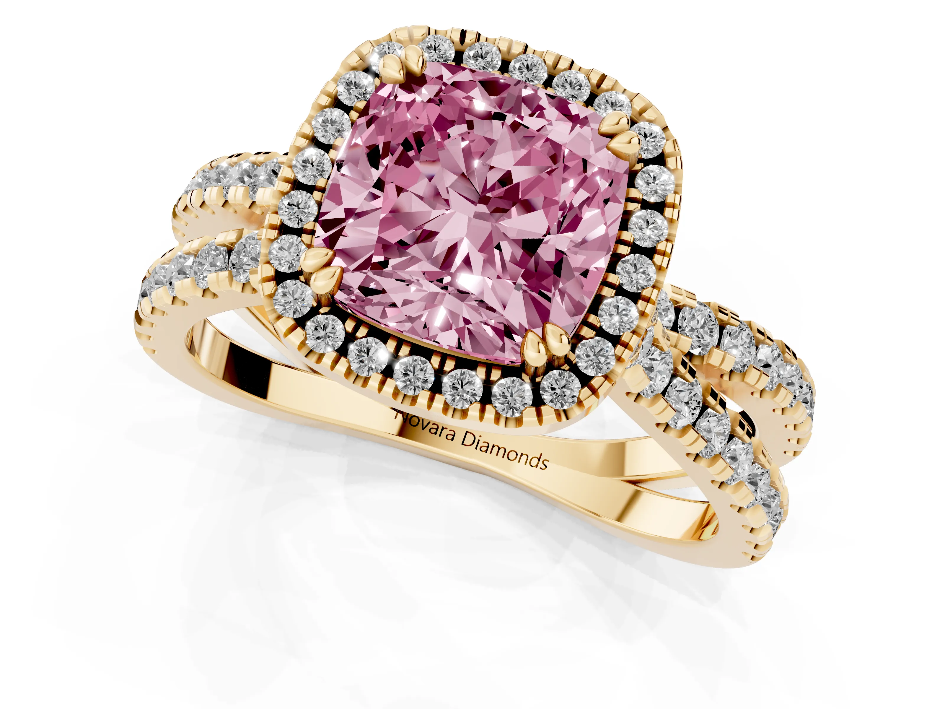 Fancy Pink Cushion Cut Diamond Halo Split Shank Ring Set in Yellow gold with Pavé Setting