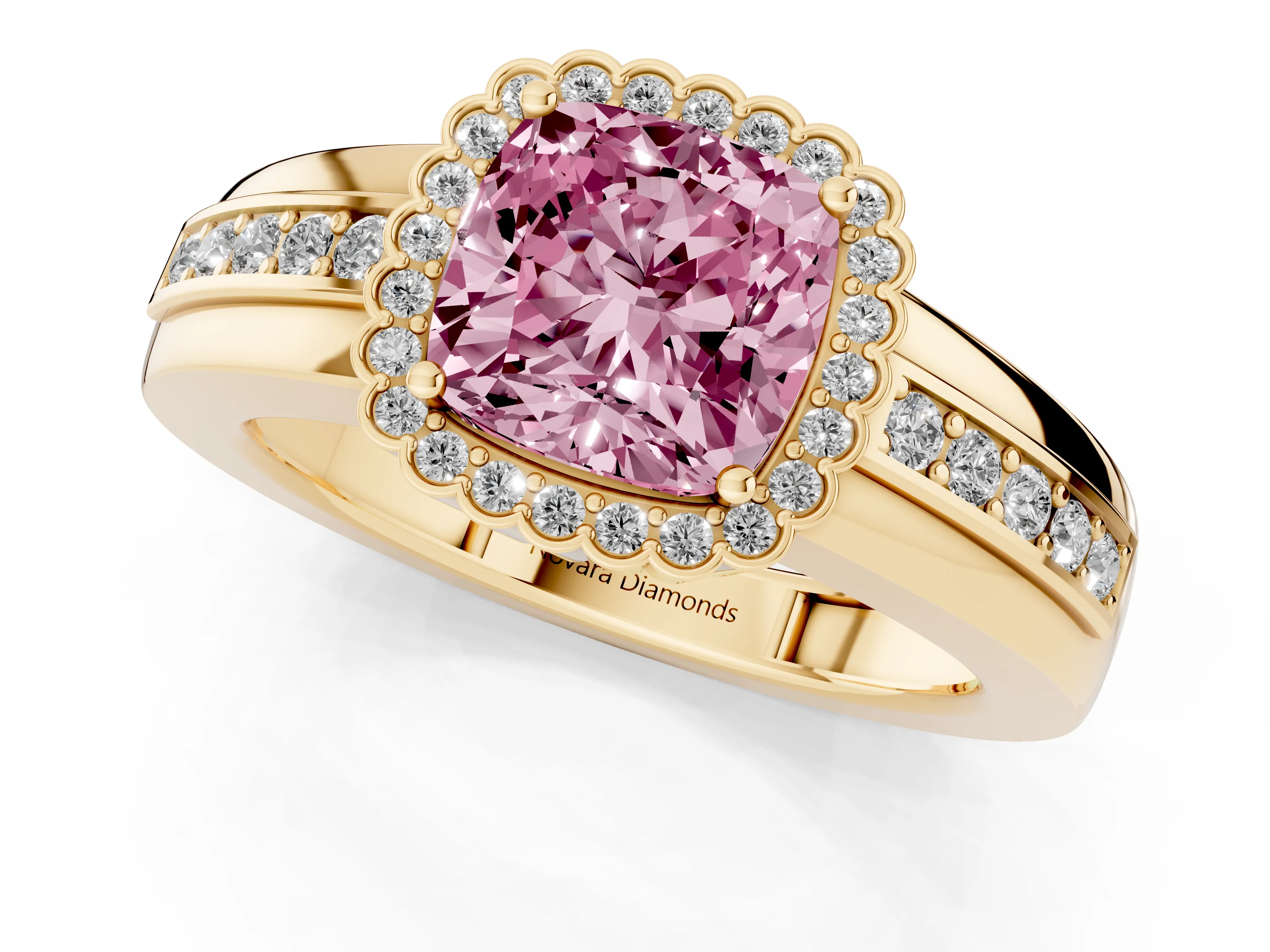 Fancy Pink Cushion Cut Diamond Halo Prong Ring Set in Yellow gold with Pavé Band