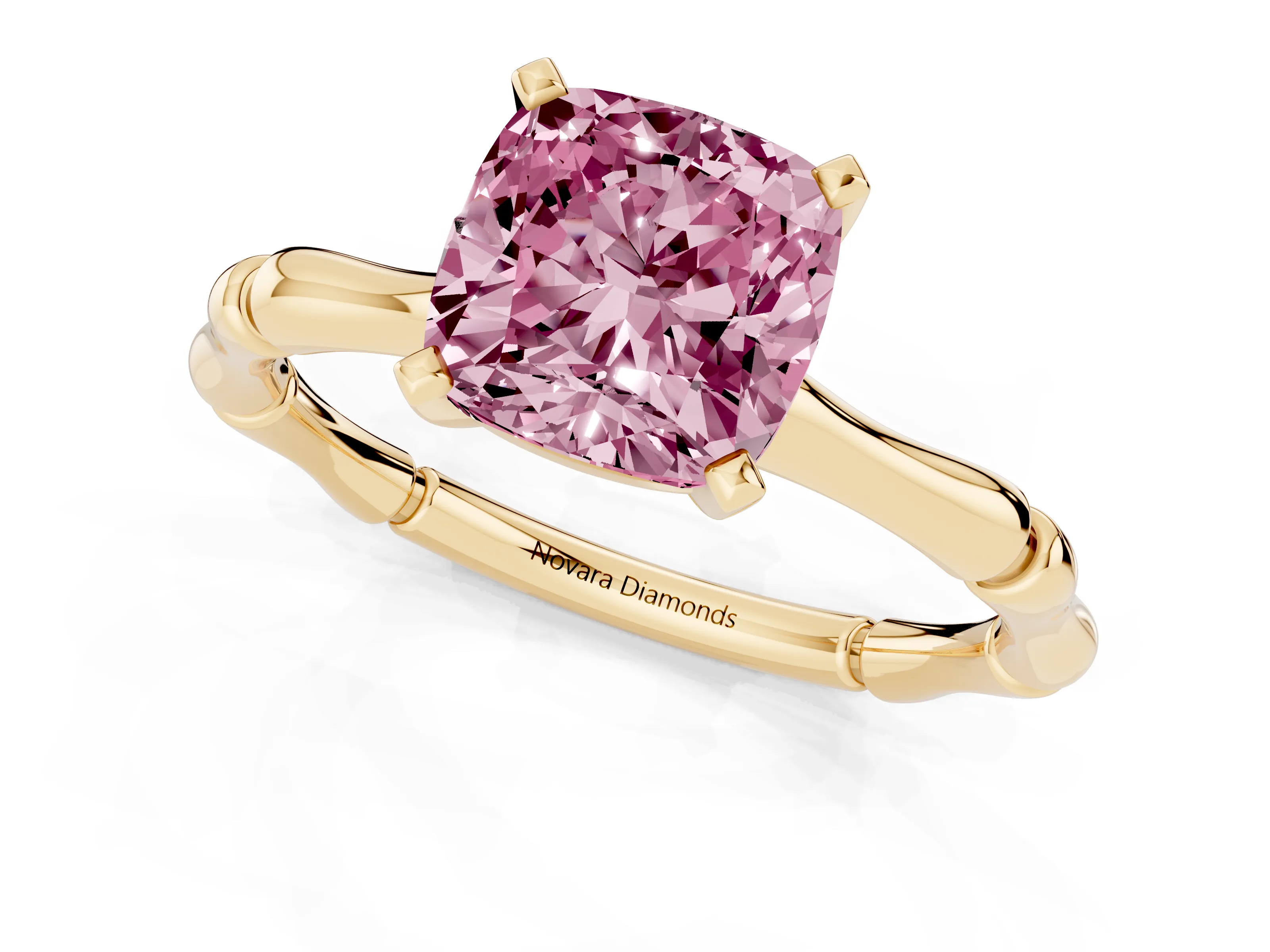 Fancy Pink Cushion Cut Diamond Solitaire Ring Set in Yellow gold with Bamboo Band and Prong Setting