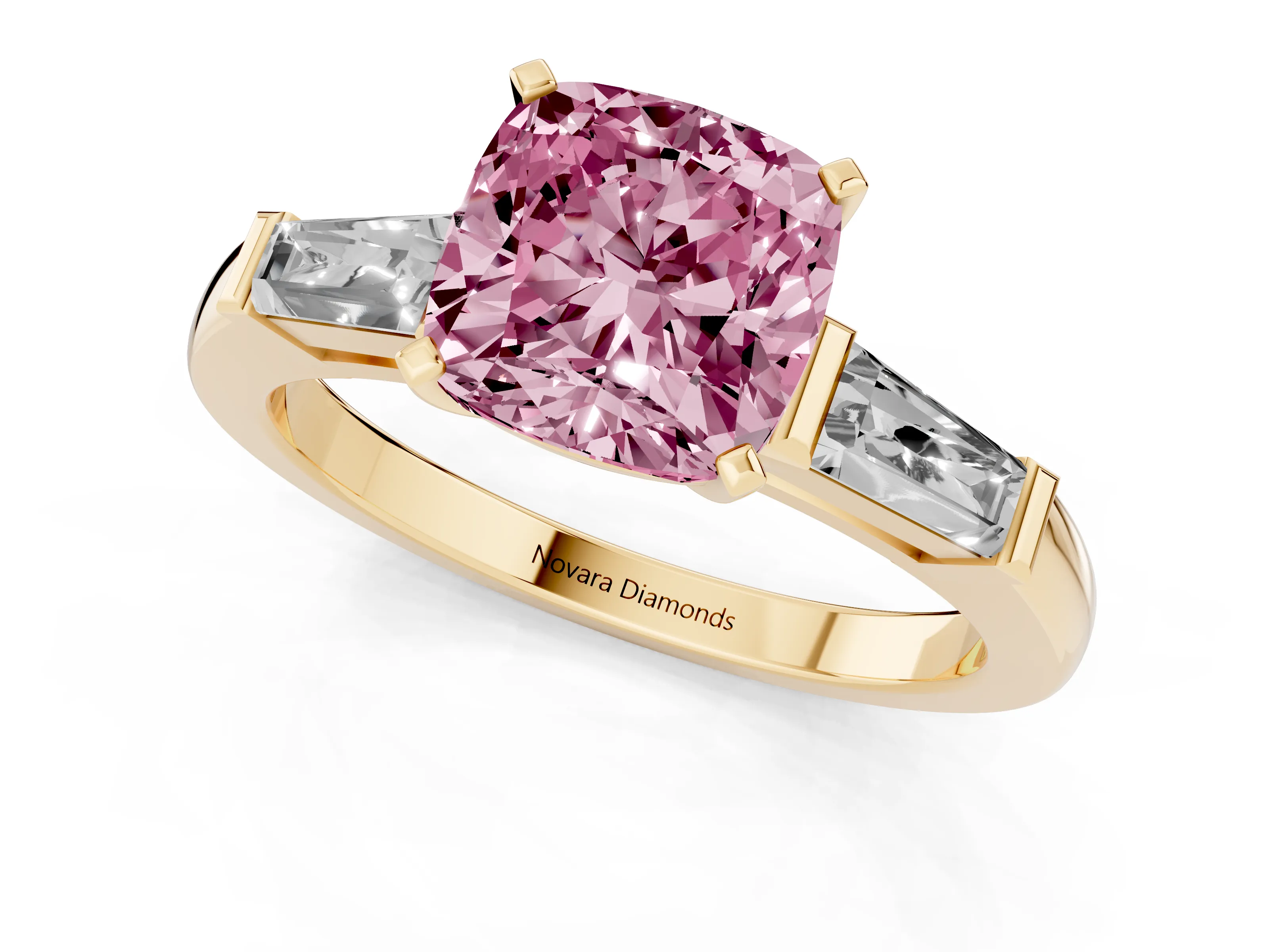 Fancy Pink Cushion Cut Diamond Solitaire Ring Set in Yellow gold with Tapered Baguette Side Stones and Prong Setting