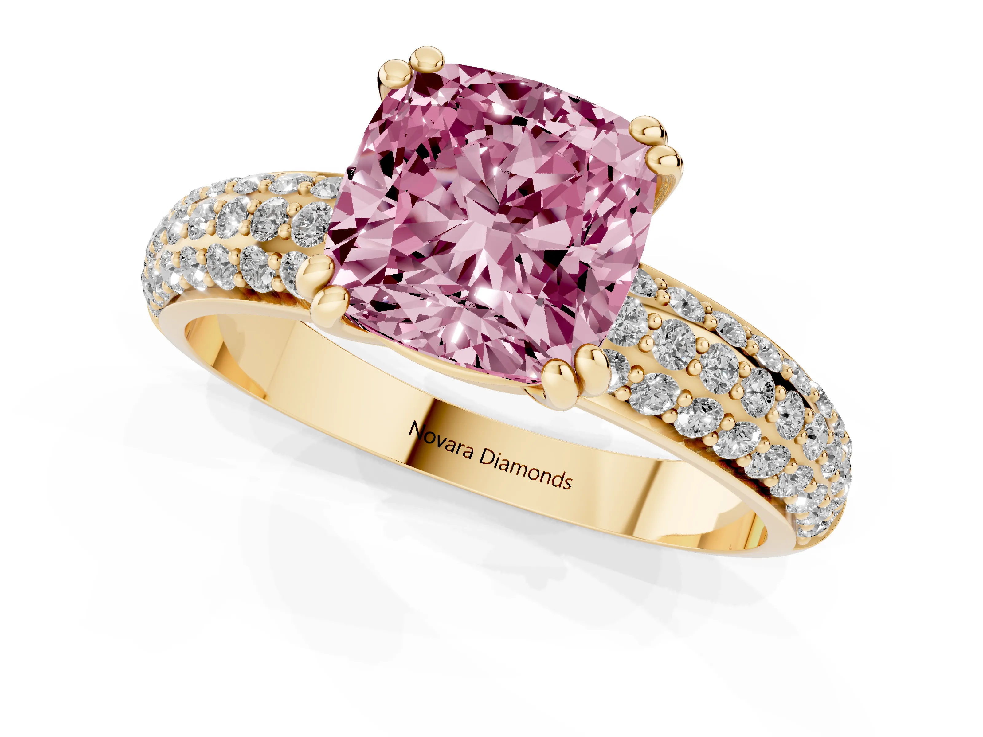 Fancy Pink Cushion Cut Diamond Solitaire Ring Set in Yellow gold with Multi-Row Round Pavé Band and Prong Setting