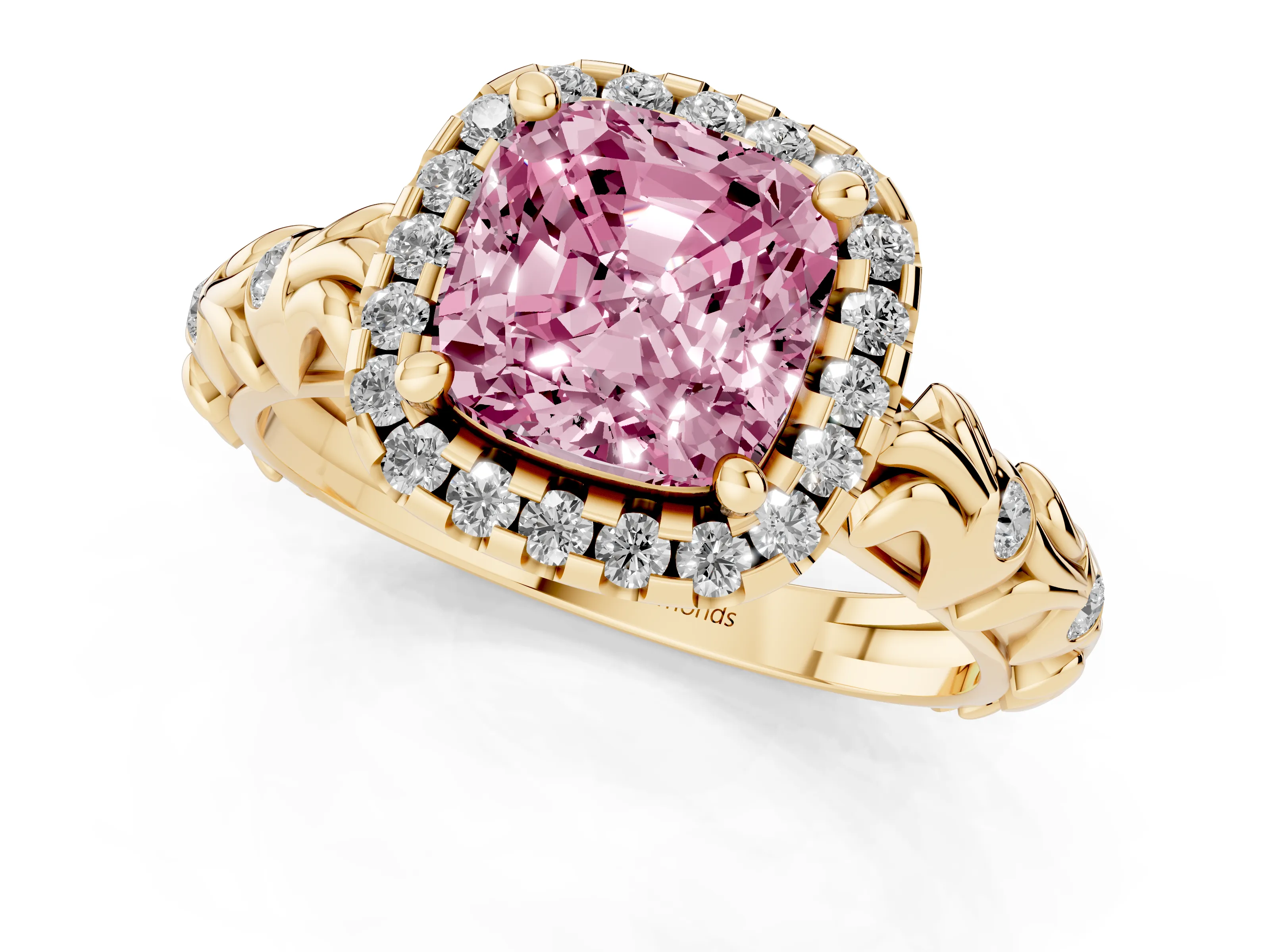 Fancy Pink Cushion Cut Diamond Halo Ring Set in Yellow gold with Filigree Leaf Band and Prong Setting