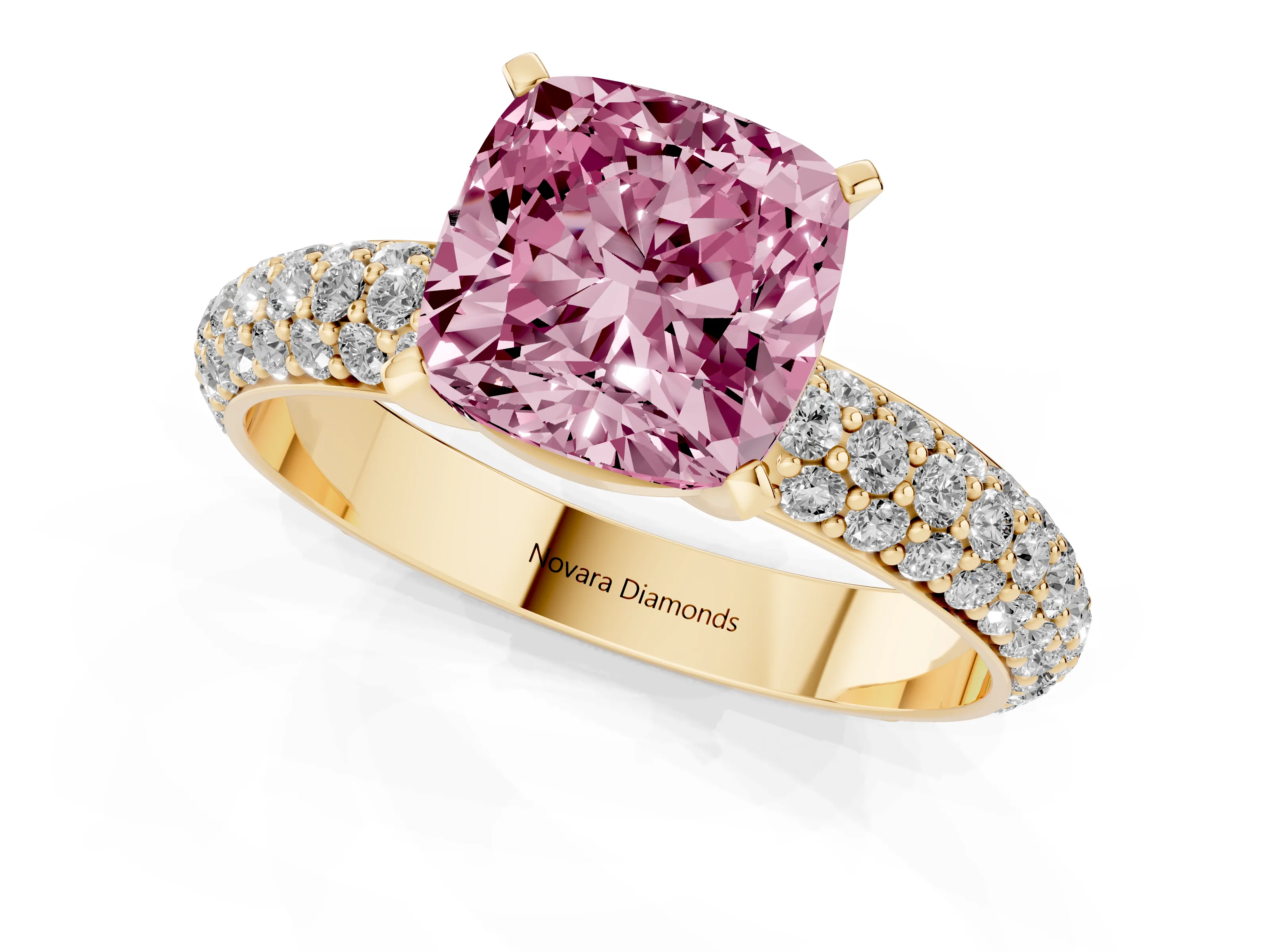 Fancy Pink Cushion Cut Diamond Solitaire Ring Set in Yellow gold with Prong Setting and Pavé-Set Band