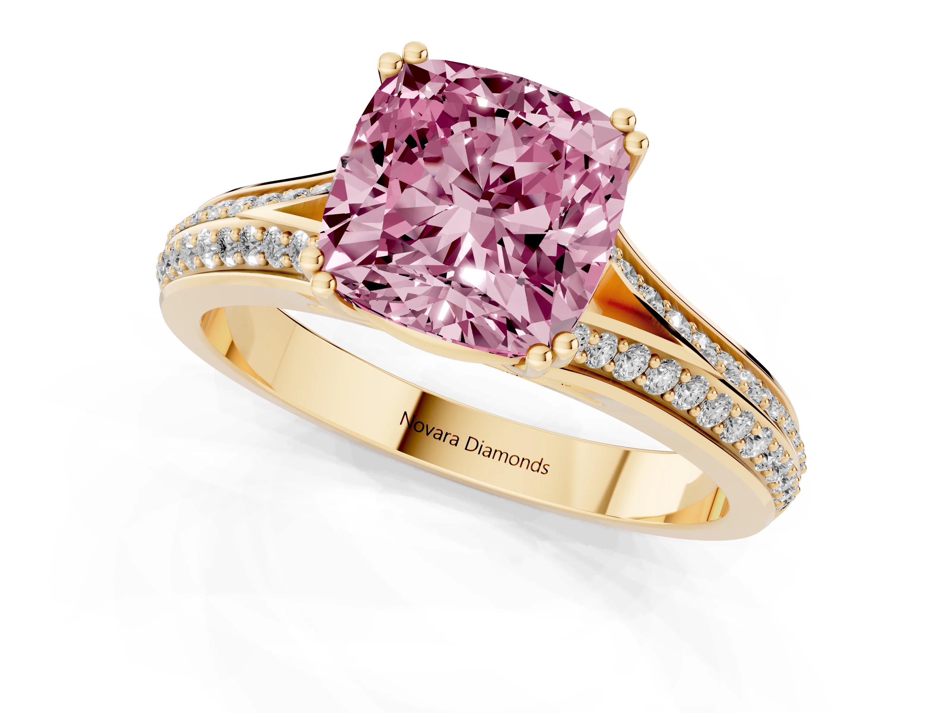 Fancy Pink Cushion Cut Diamond Split Shank Pavé Engagement Ring Set in Yellow gold with Prong-Set Center Stone