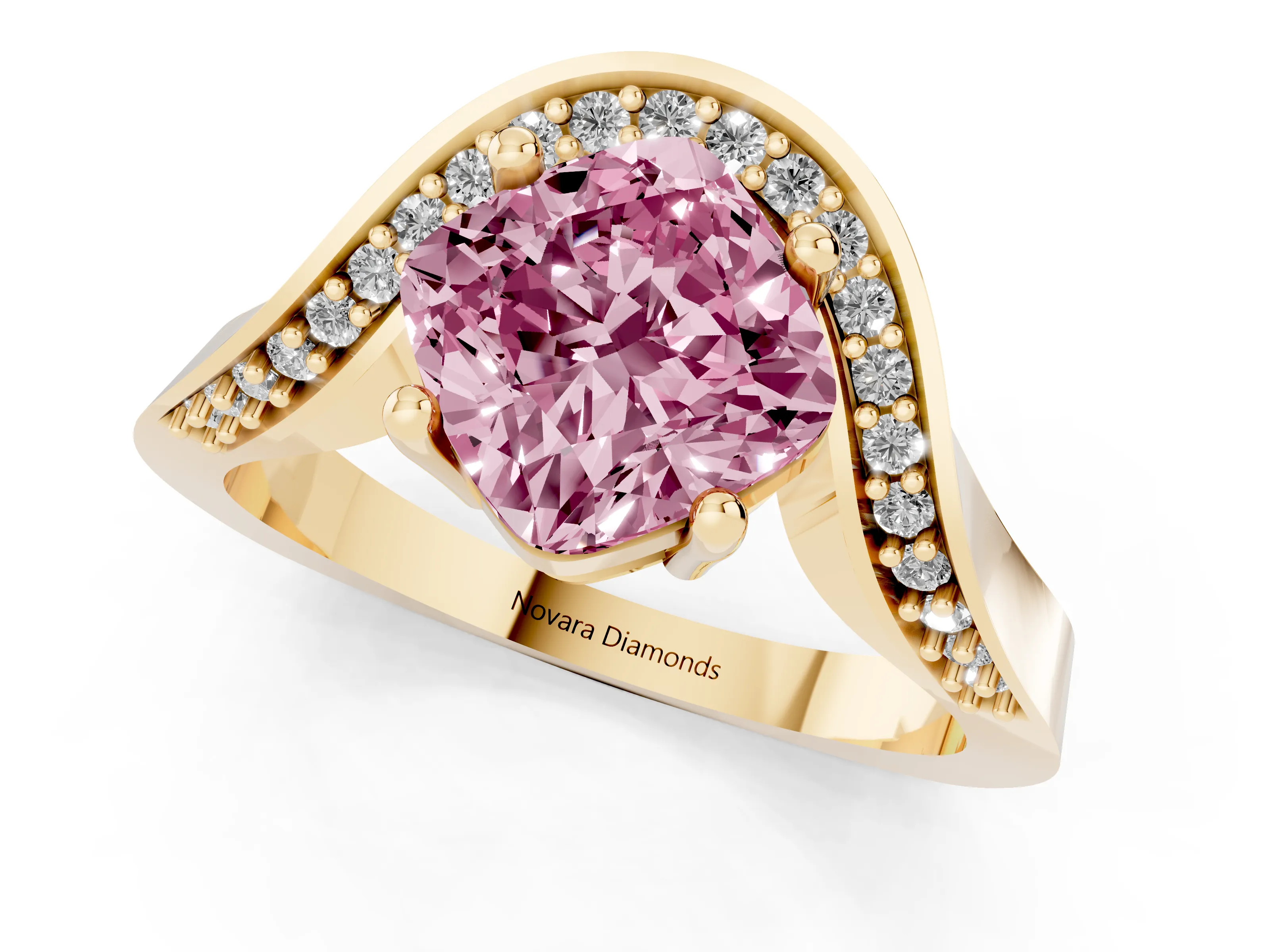 Fancy Pink Cushion Cut Diamond Solitaire Engagement Ring Set in Yellow gold with Pavé Shoulders