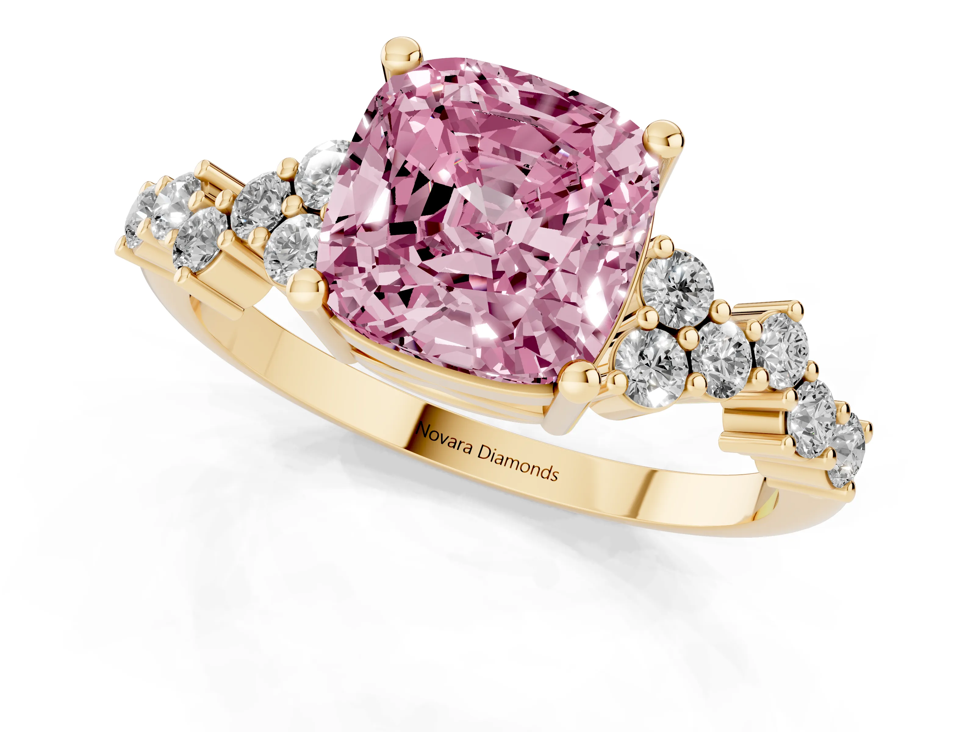 Fancy Pink Cushion Cut Diamond Ring Set in Yellow gold with Scattered Round Accents