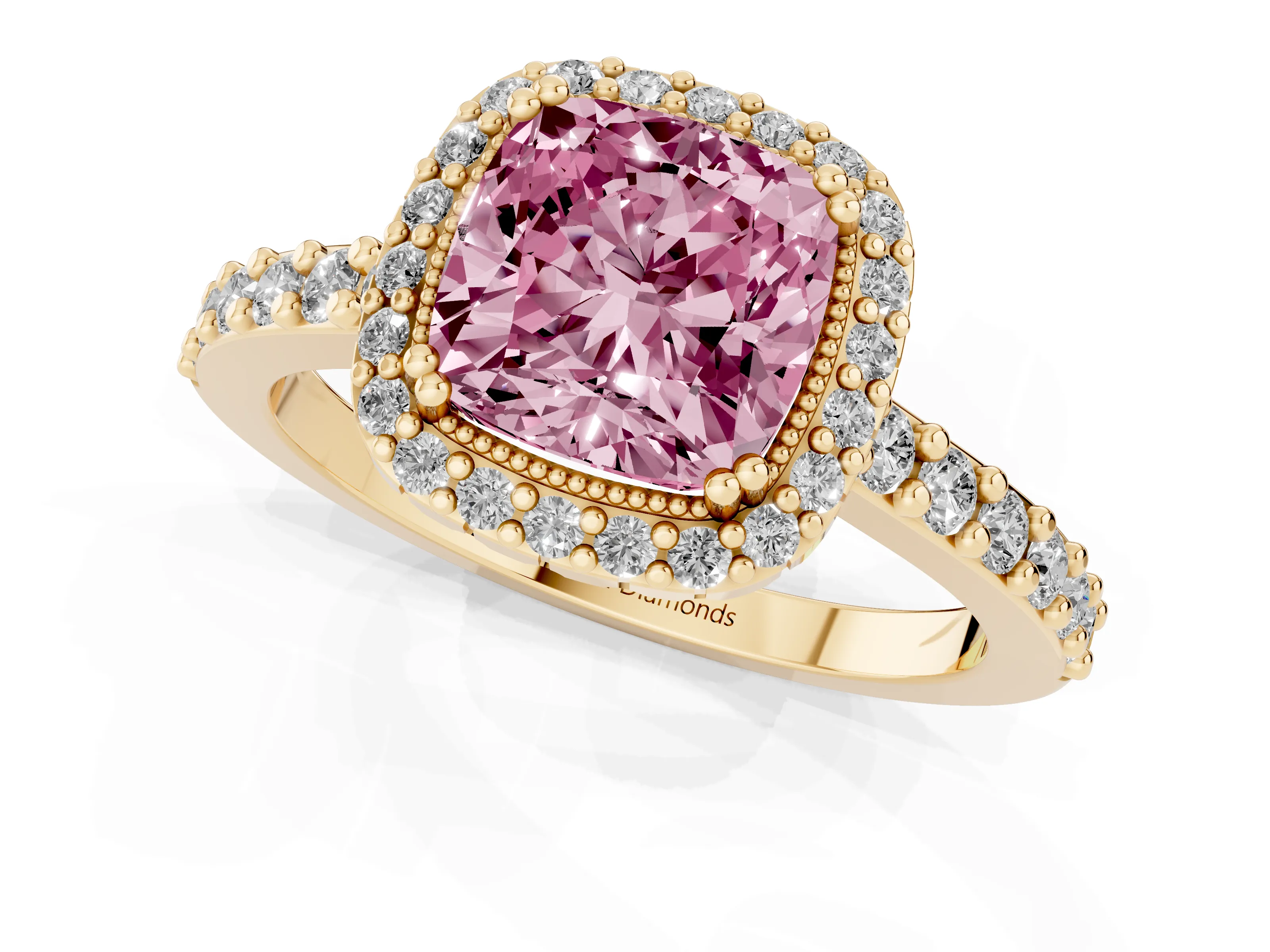 Fancy Pink Cushion Cut Diamond Halo Engagement Ring Set in Yellow gold with Milgrain Detail and Pavé Band