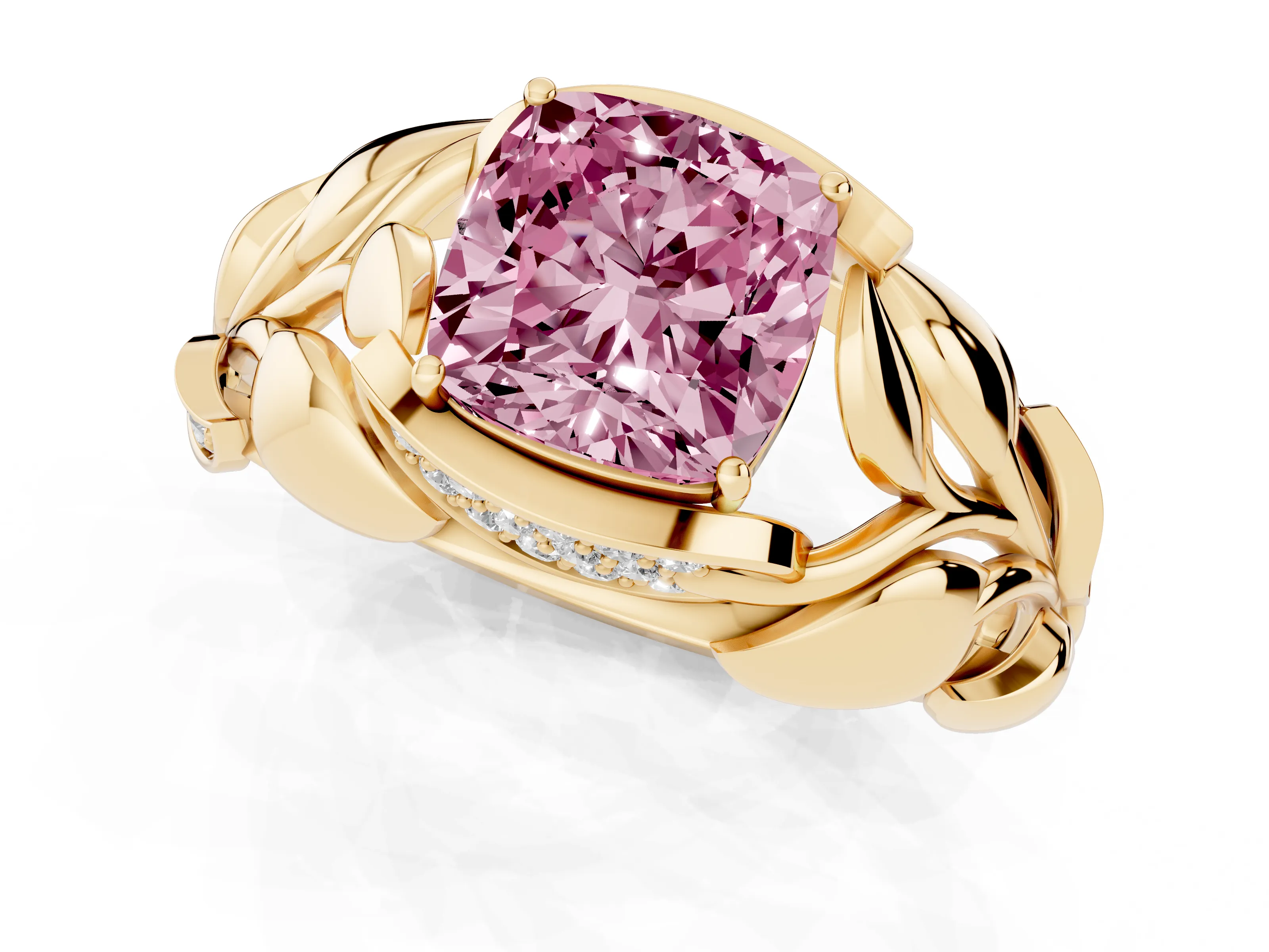 Fancy Pink Cushion Cut Diamond Leaf-Inspired Engagement Ring Set in Yellow gold with Round Accents