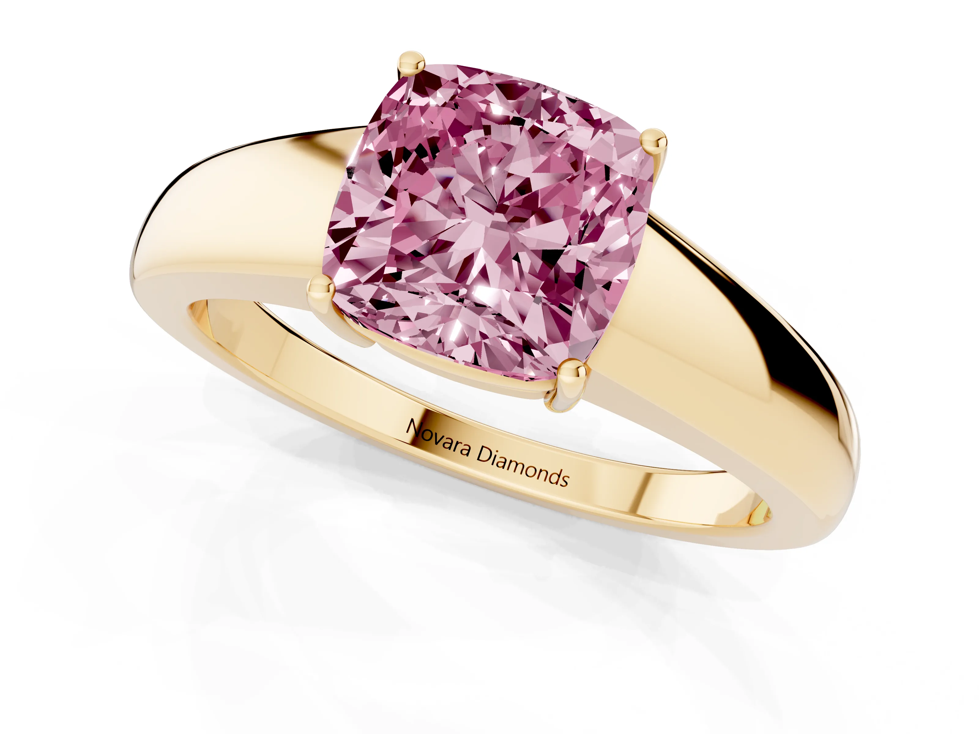 Fancy Pink Cushion Cut Diamond Solitaire Ring Set in Yellow gold with Tapered Band and Prong Setting