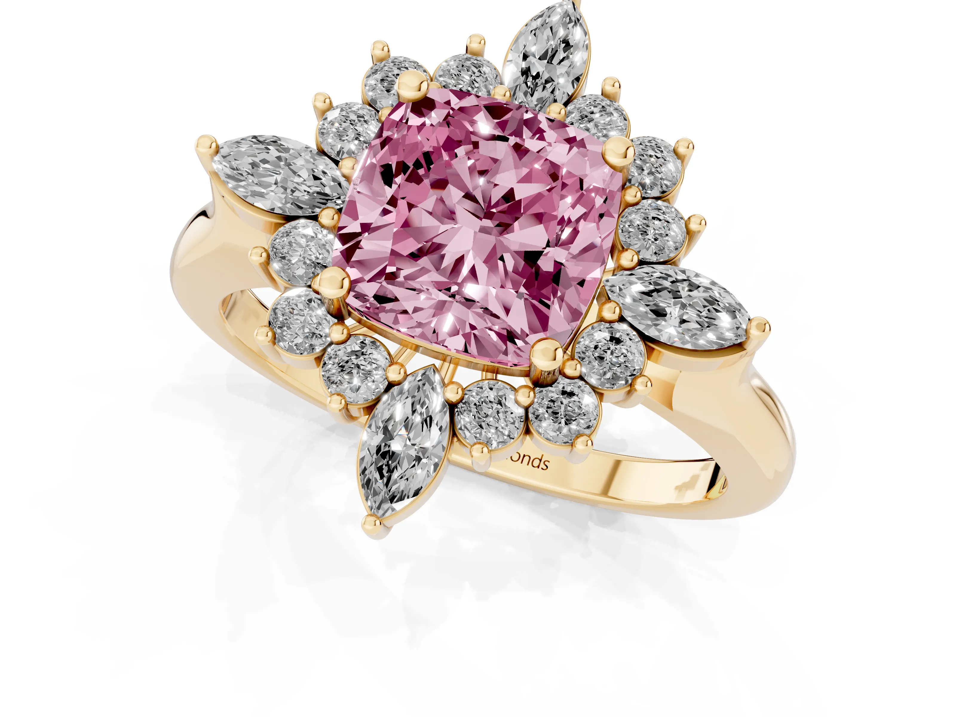 Fancy Pink Cushion Cut Diamond Cluster Halo Ring Set in Yellow gold with Marquise and Round Accents