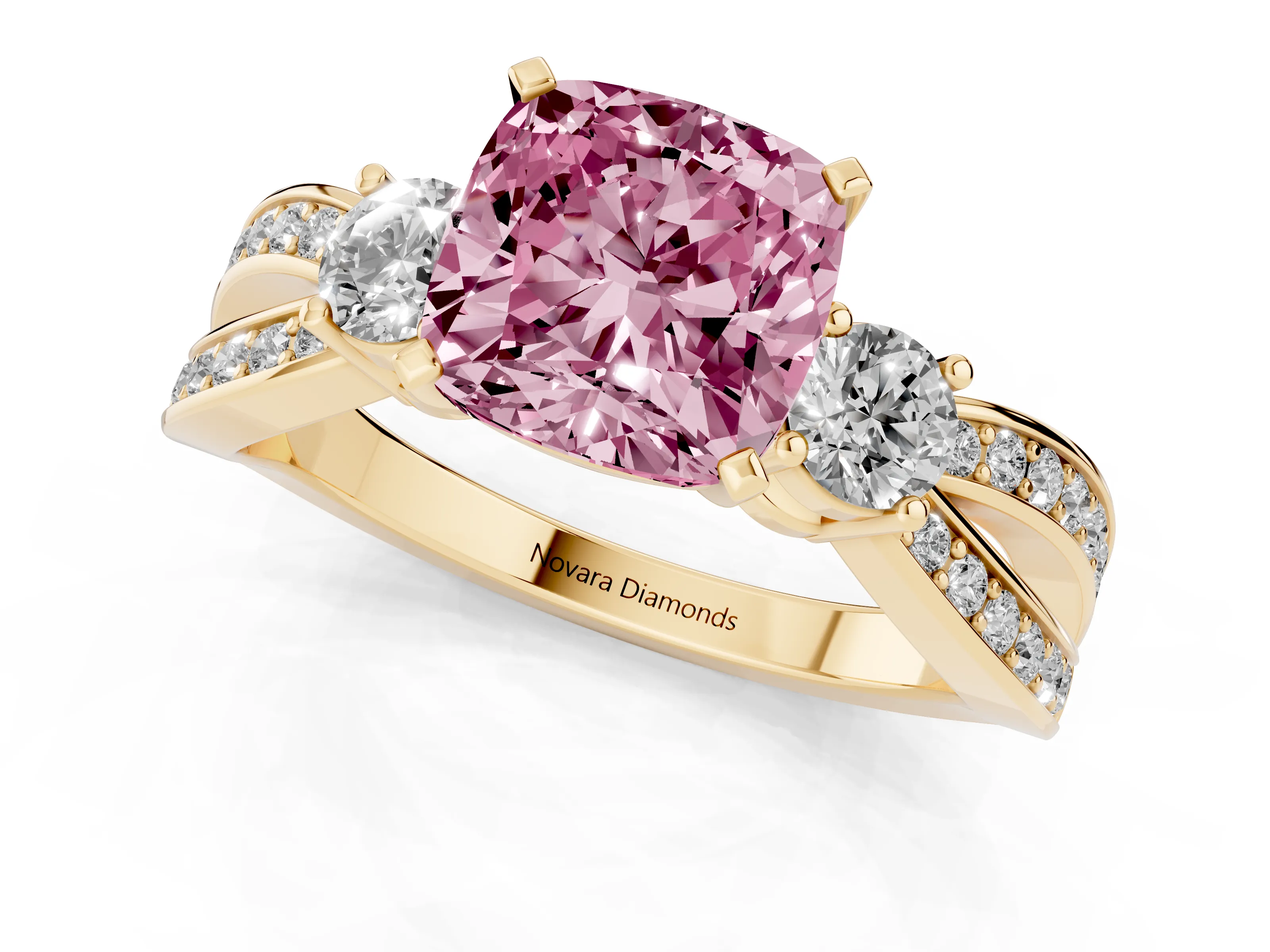 Fancy Pink Three-Stone Cushion Cut Diamond Twist Band Ring Set in Yellow gold with Pavé Accents and Prong Setting