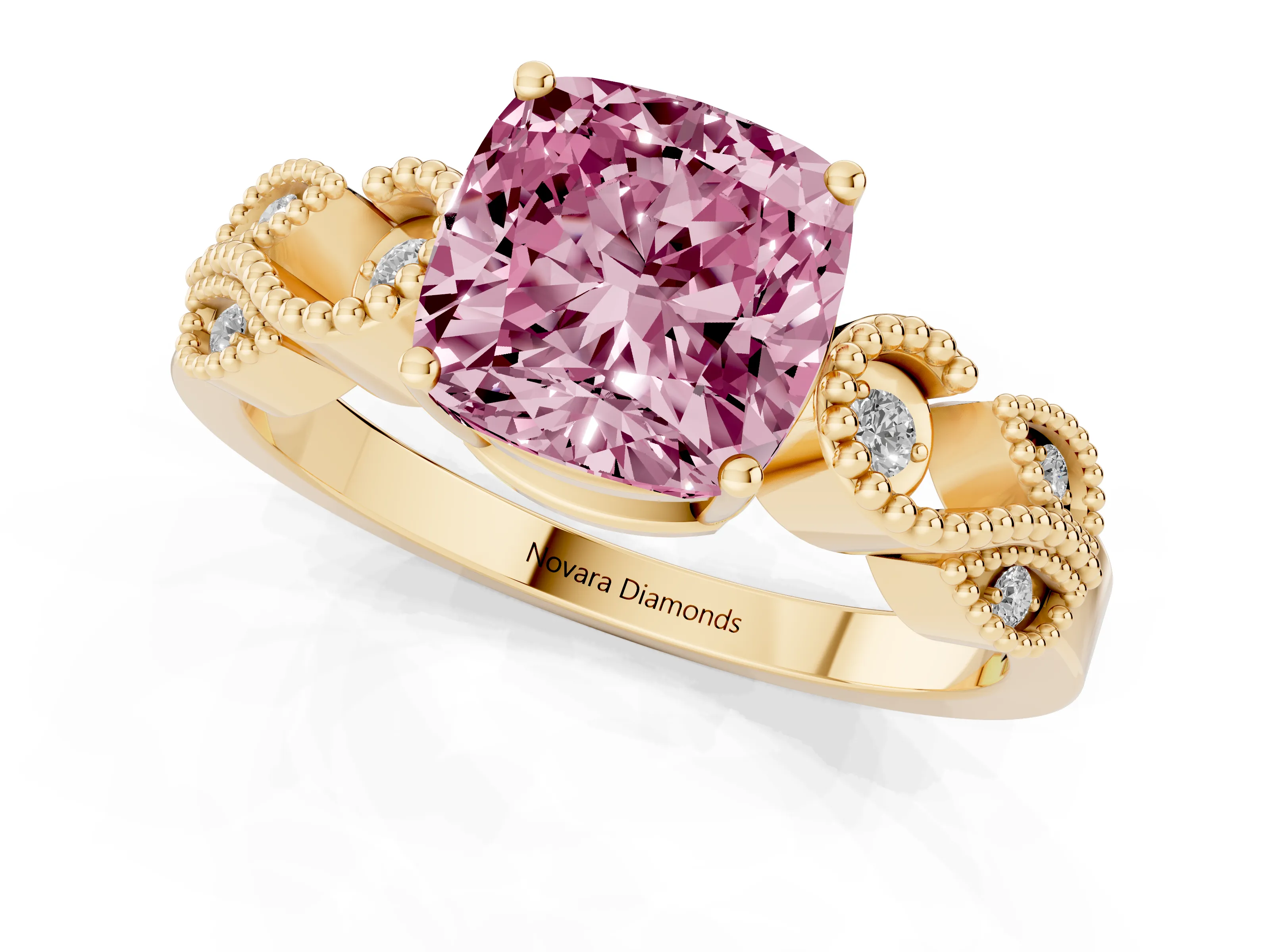 Fancy Pink Cushion Cut Diamond Milgrain Leaf Band Solitaire Ring Set in Yellow gold with Accent Stones and Prong Setting – second view