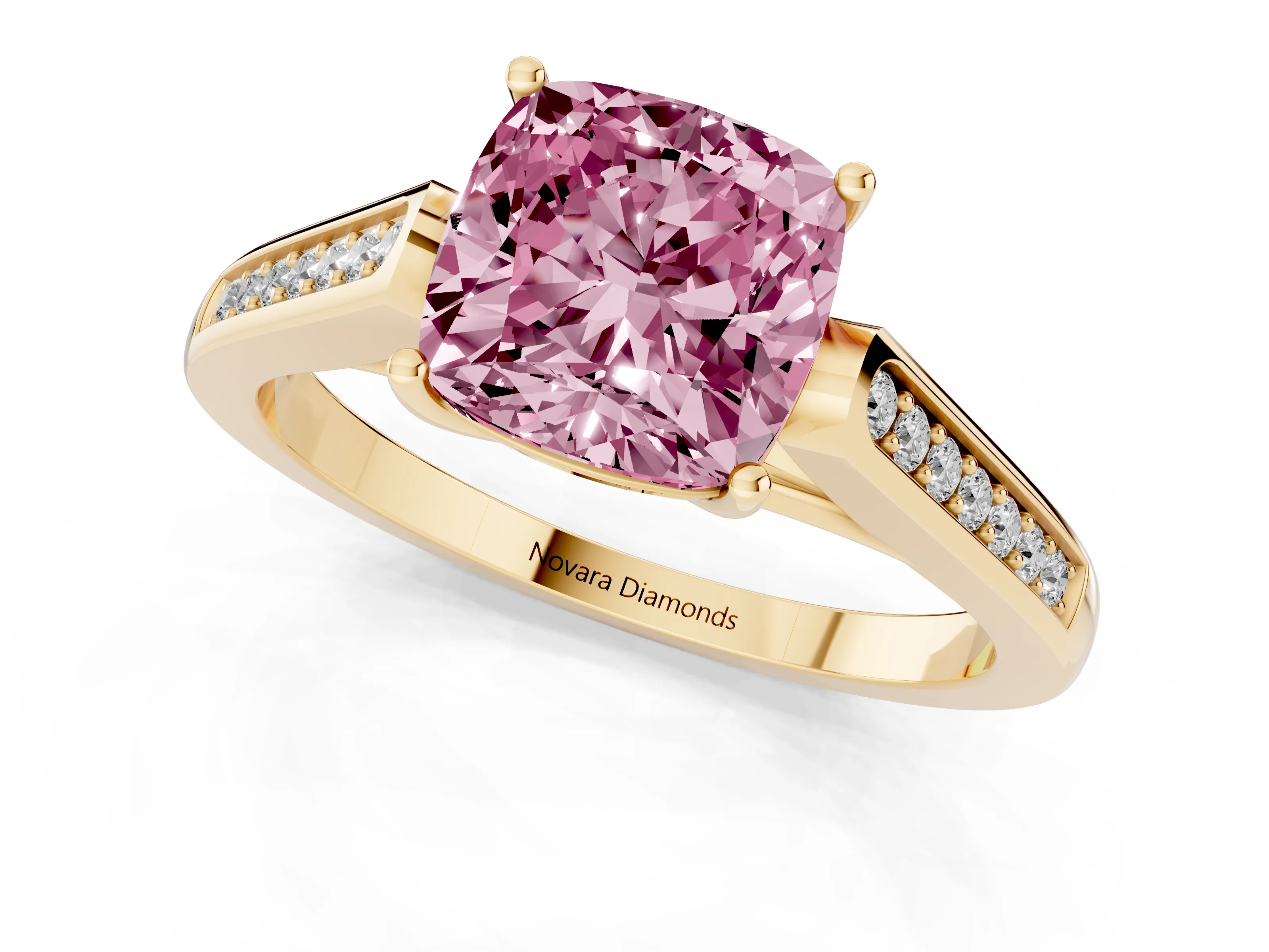 Fancy Pink Cushion Cut Diamond Solitaire Cathedral Engagement Ring Set in Yellow gold with Channel-Set Band and Prong Setting