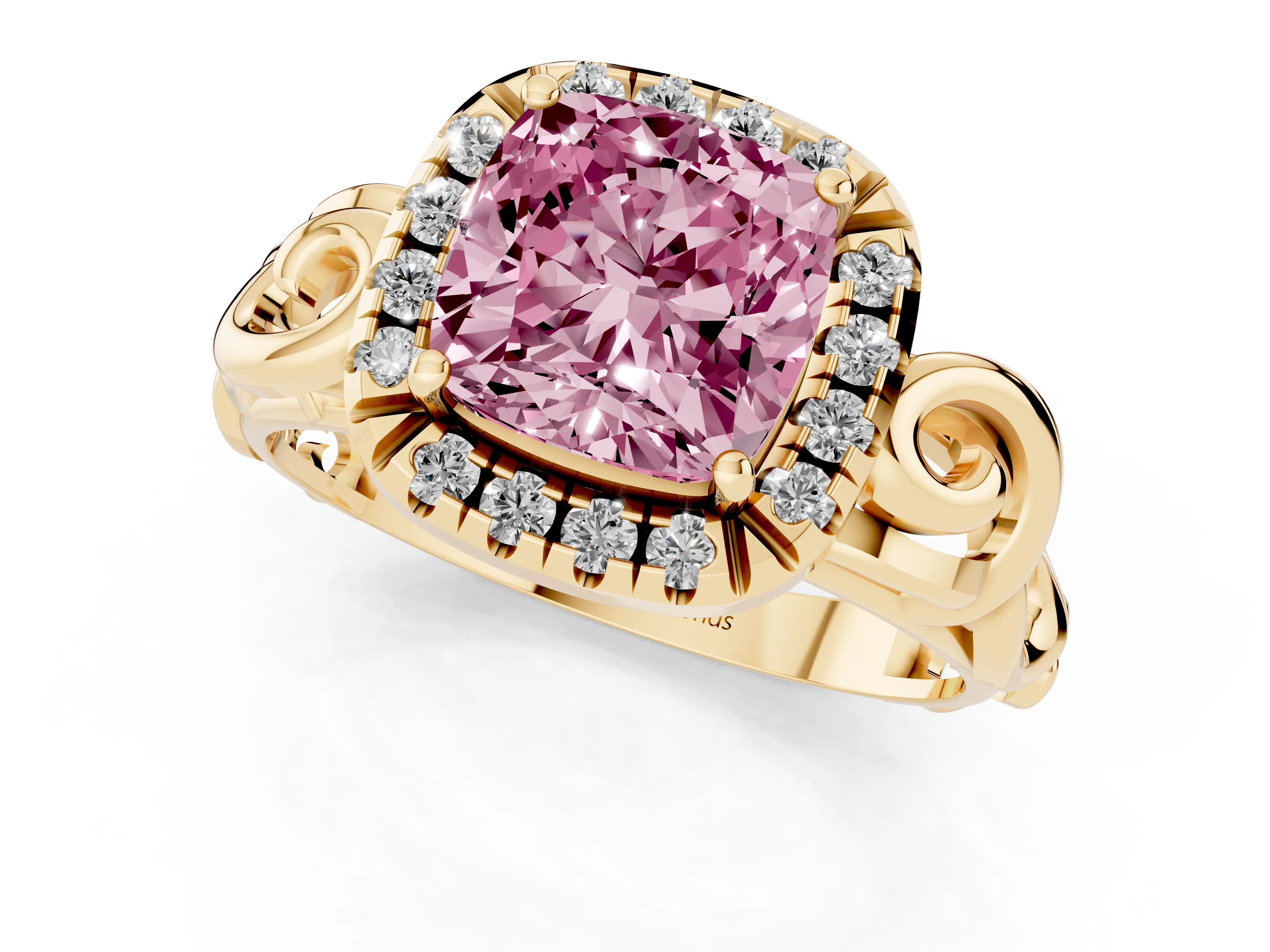 Fancy Pink Cushion Cut Diamond Halo Ring Set in Yellow gold with Scrollwork Band and Prong Setting