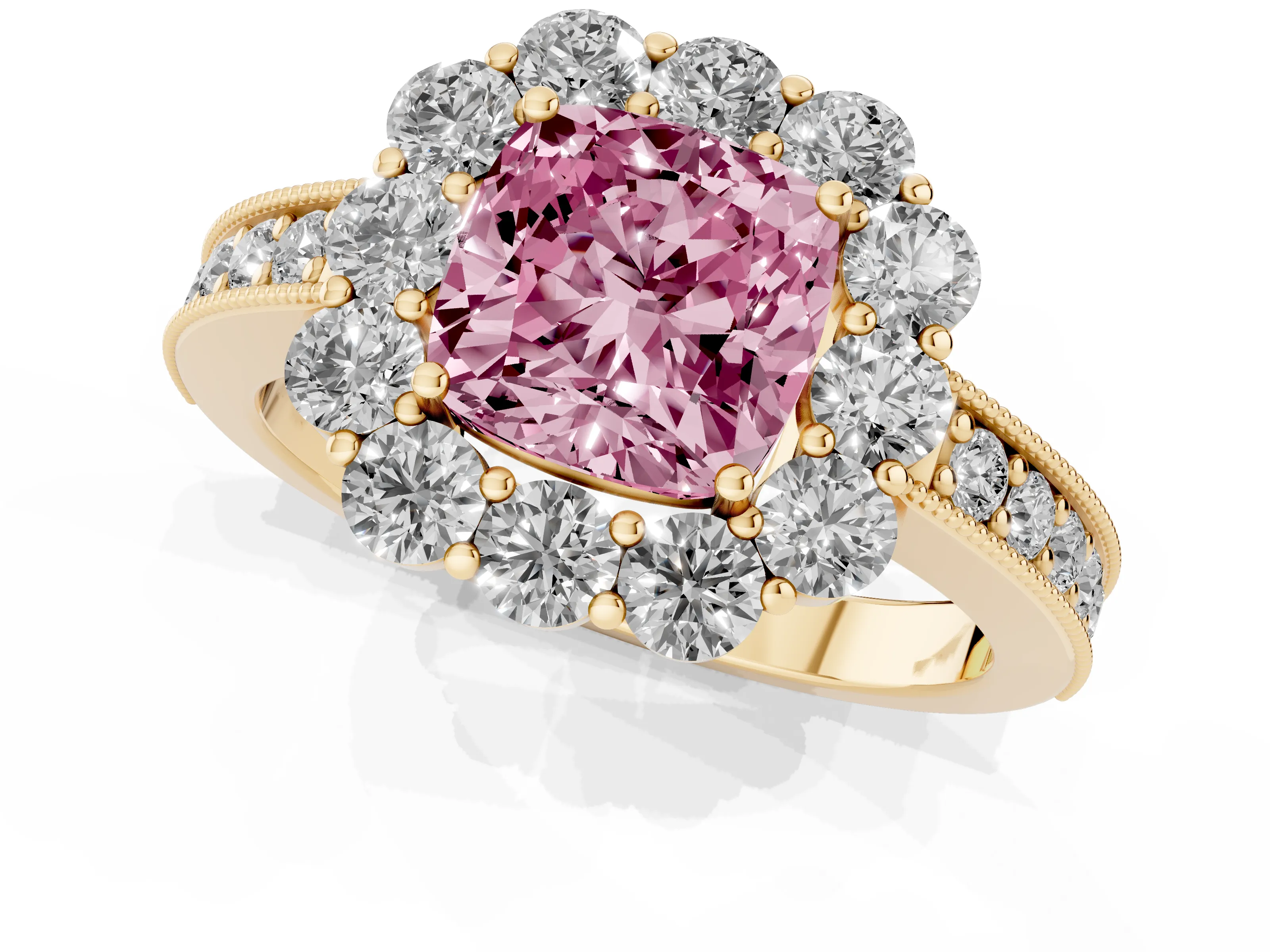 Fancy Pink Cushion Cut Diamond Halo Pavé Engagement Ring Set in Yellow gold with Milgrain Detailing