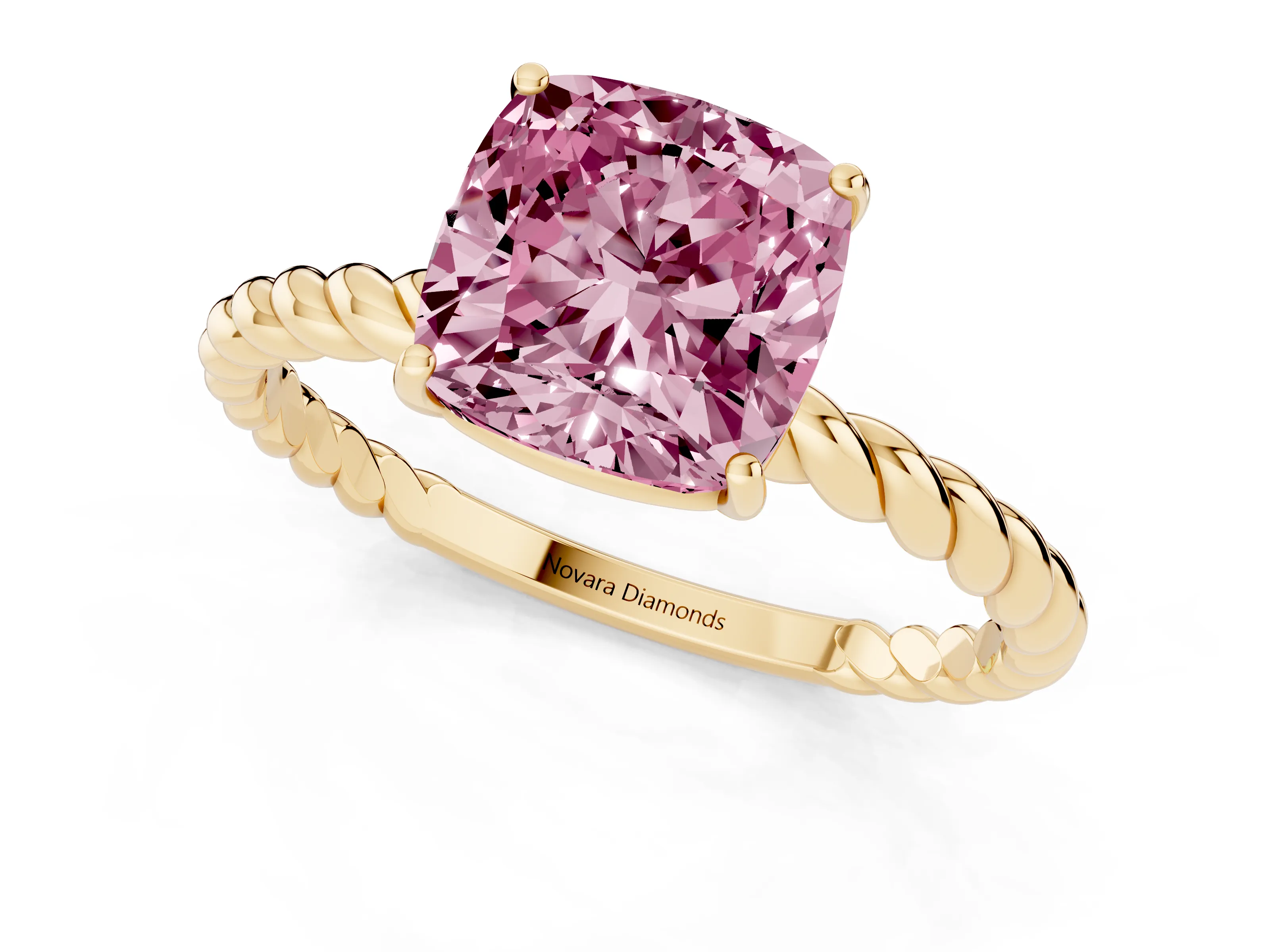 Fancy Pink Cushion Cut Diamond Solitaire Ring Set in Yellow gold with Twist Band and Prong Setting