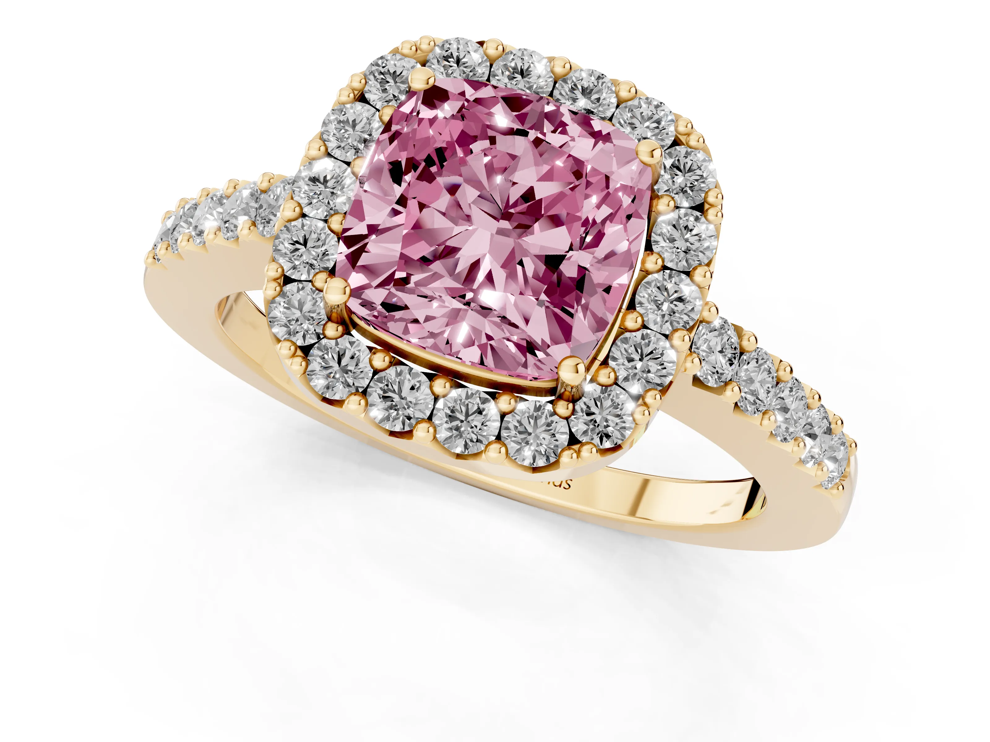 Fancy Pink Cushion Cut Diamond Halo Pavé Solitaire Ring Set in Yellow gold with Prong-Set Center Stone