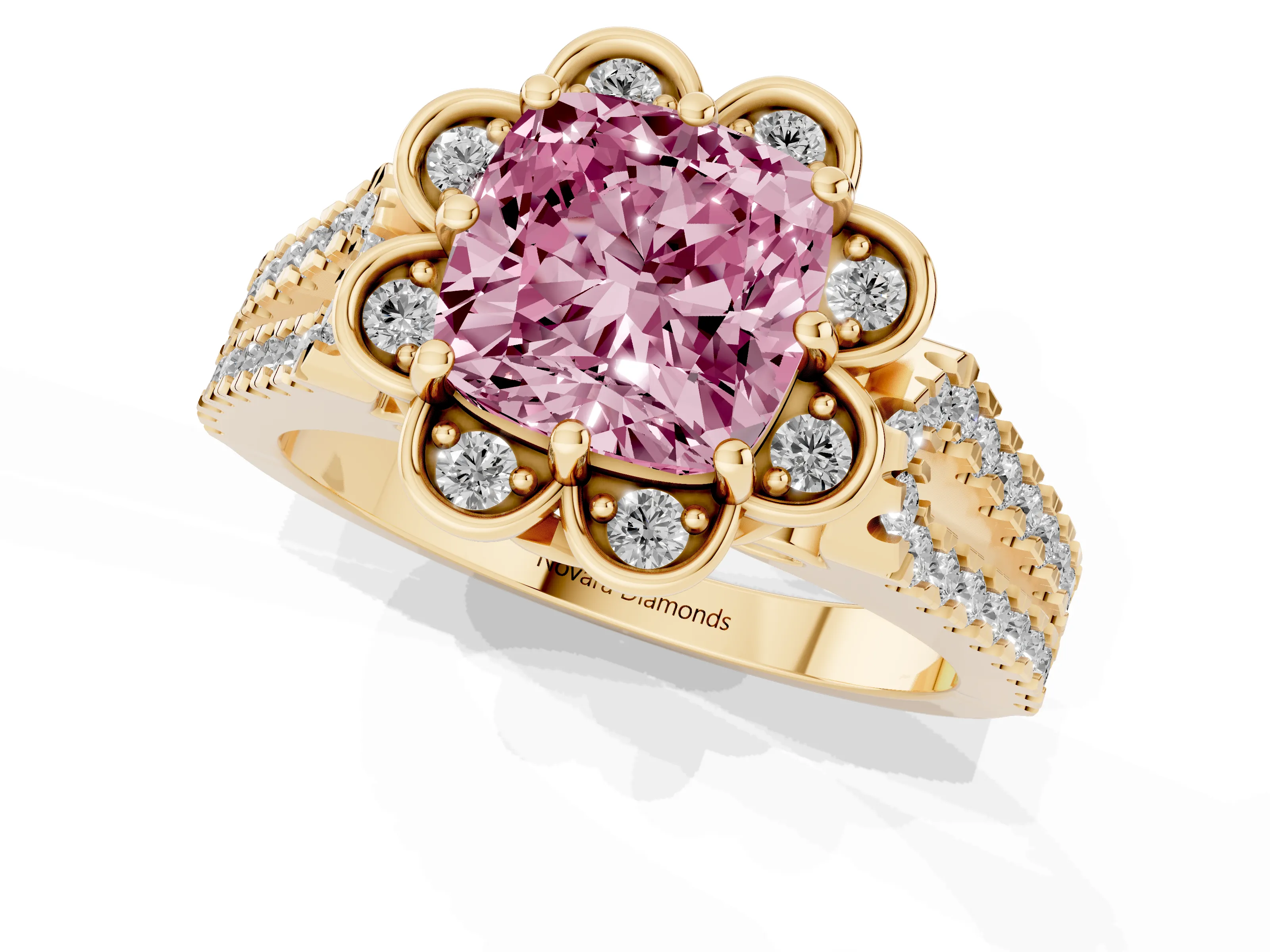Fancy Pink Cushion Cut Diamond Floral Halo Split Shank Engagement Ring Set in Yellow gold with Pavé Shank