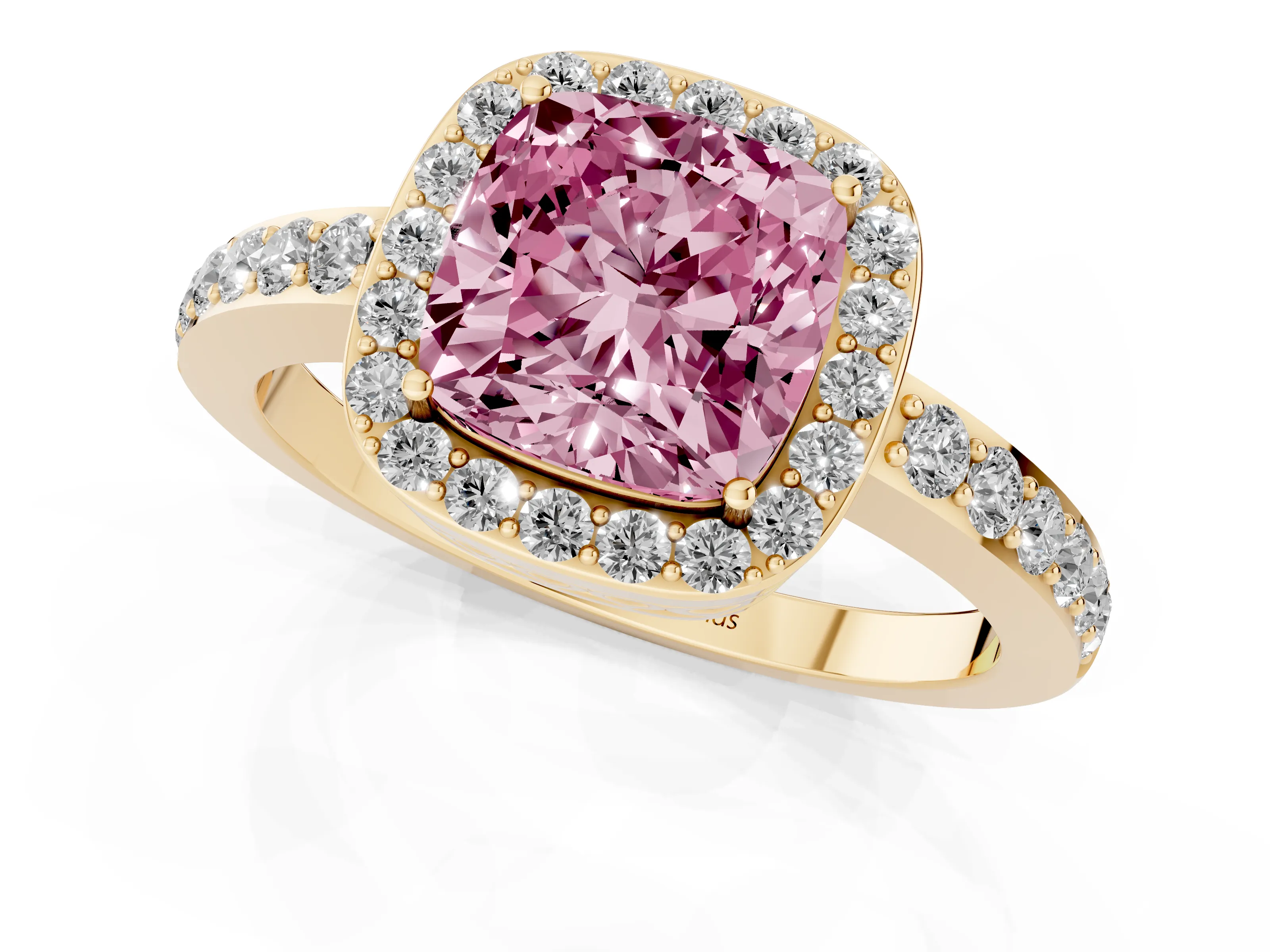 Fancy Pink Cushion Cut Diamond Halo Ring Set in Yellow gold with Pavé-Setting Band and Open Prong Center