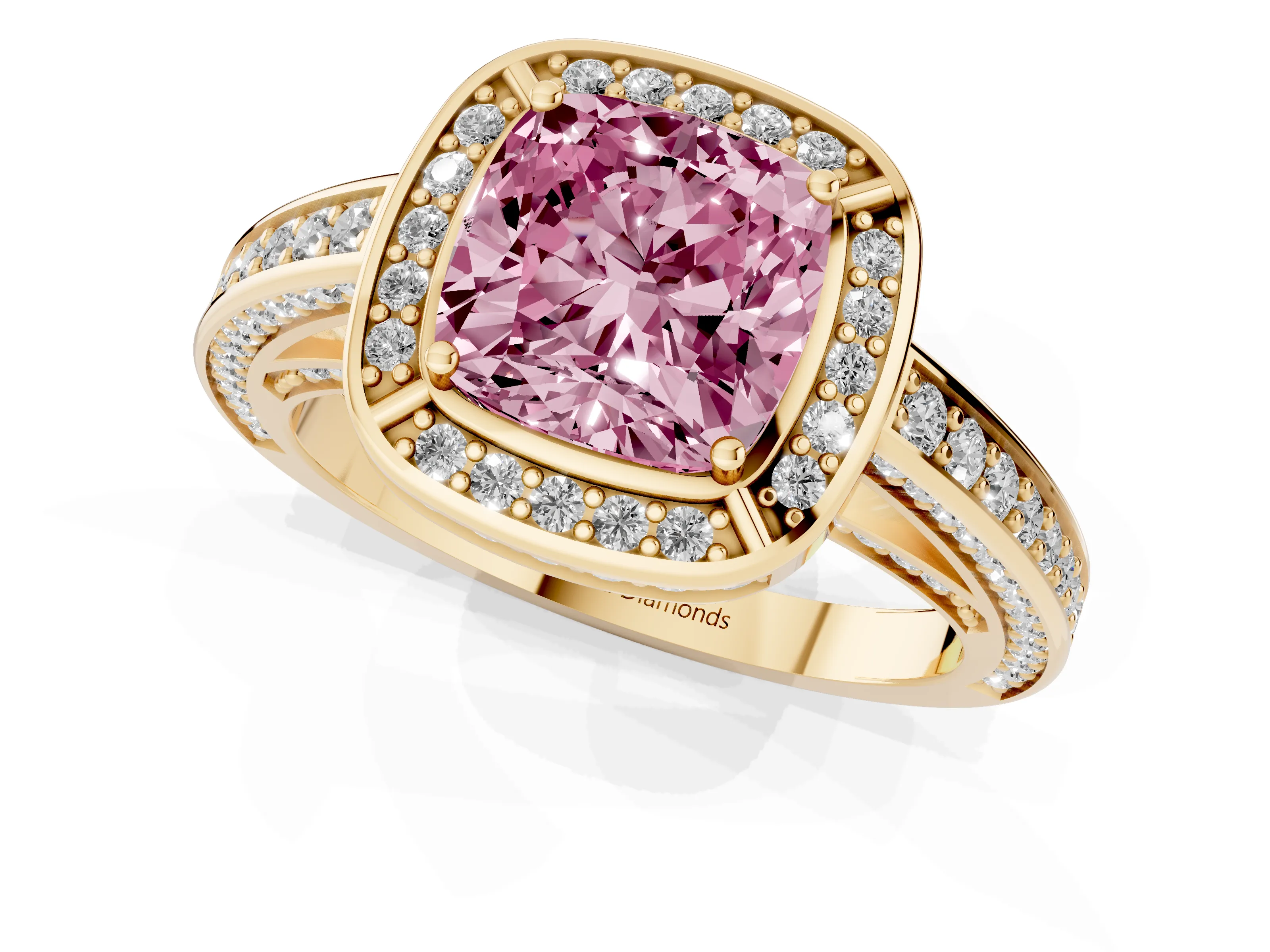 Fancy Pink Cushion Cut Diamond Halo Pavé Split Shank Ring Set in Yellow gold with Prong Setting