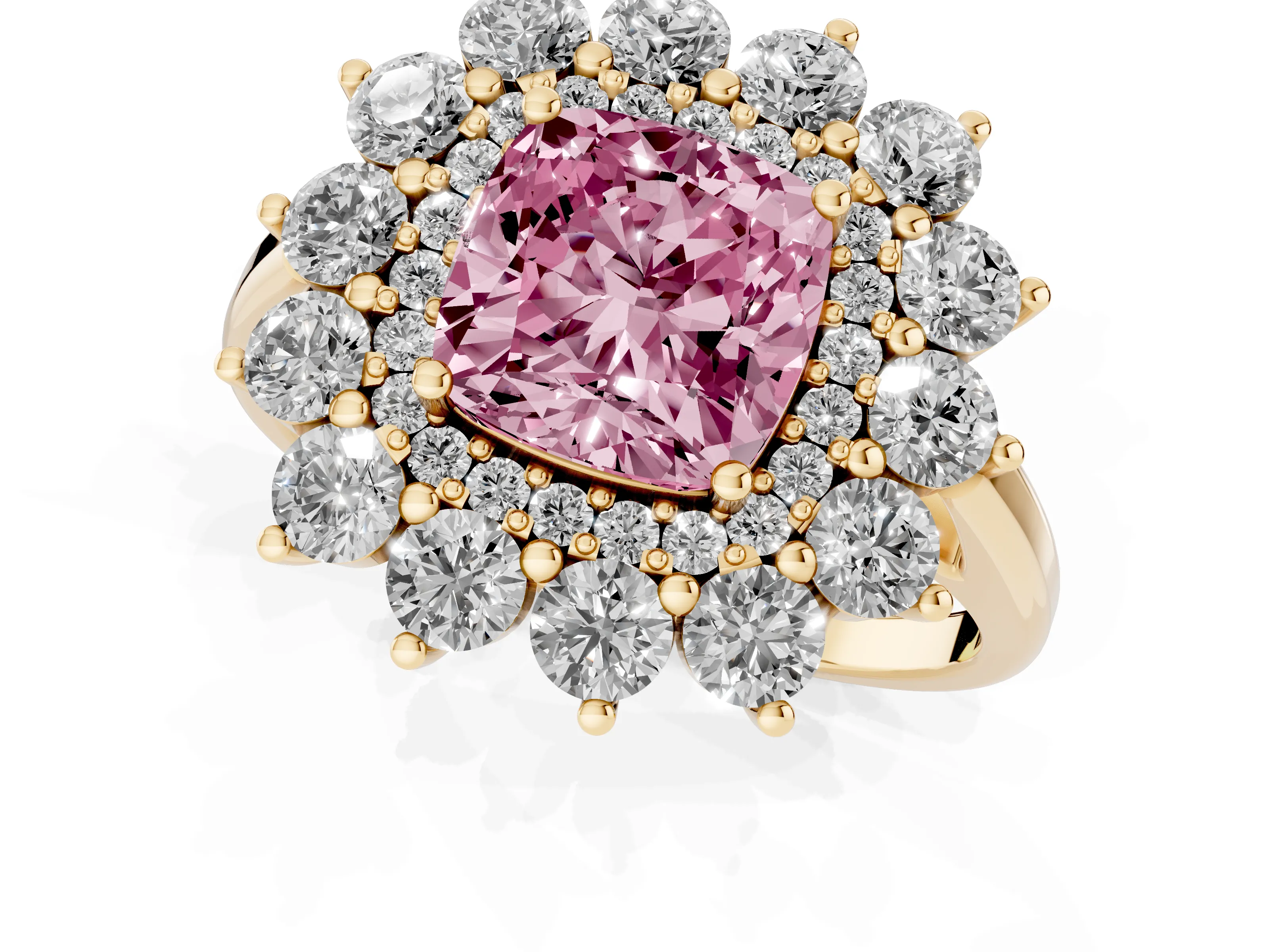 Fancy Pink Cushion Cut Diamond Floral Double Halo Ring Set in Yellow gold with Round Petals