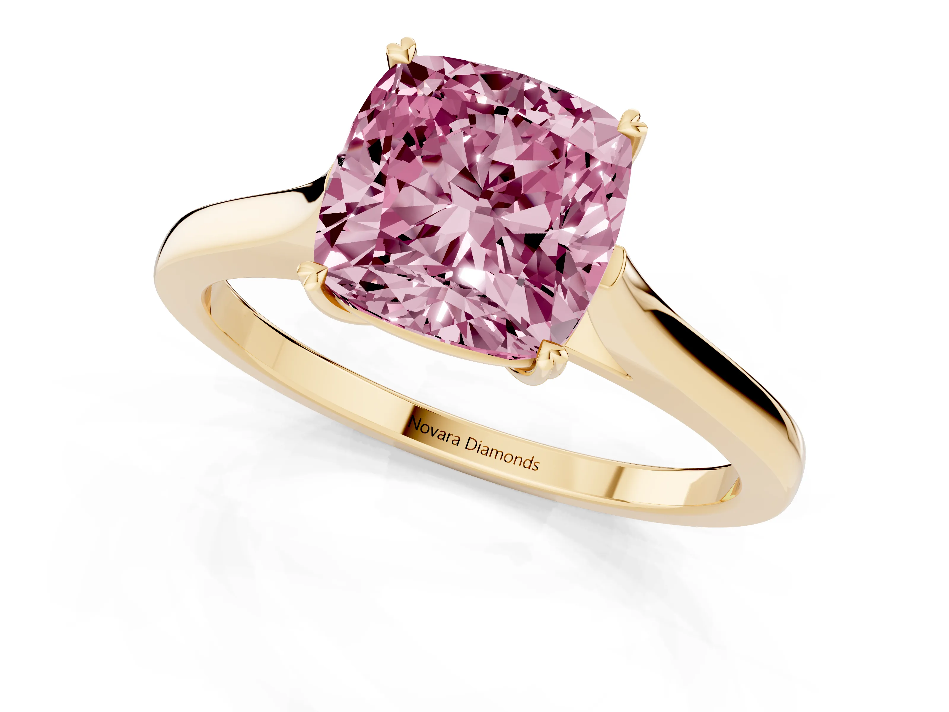 Fancy Pink Cushion Cut Diamond Solitaire Heart Prong Engagement Ring Set in Yellow gold with Tapered Band