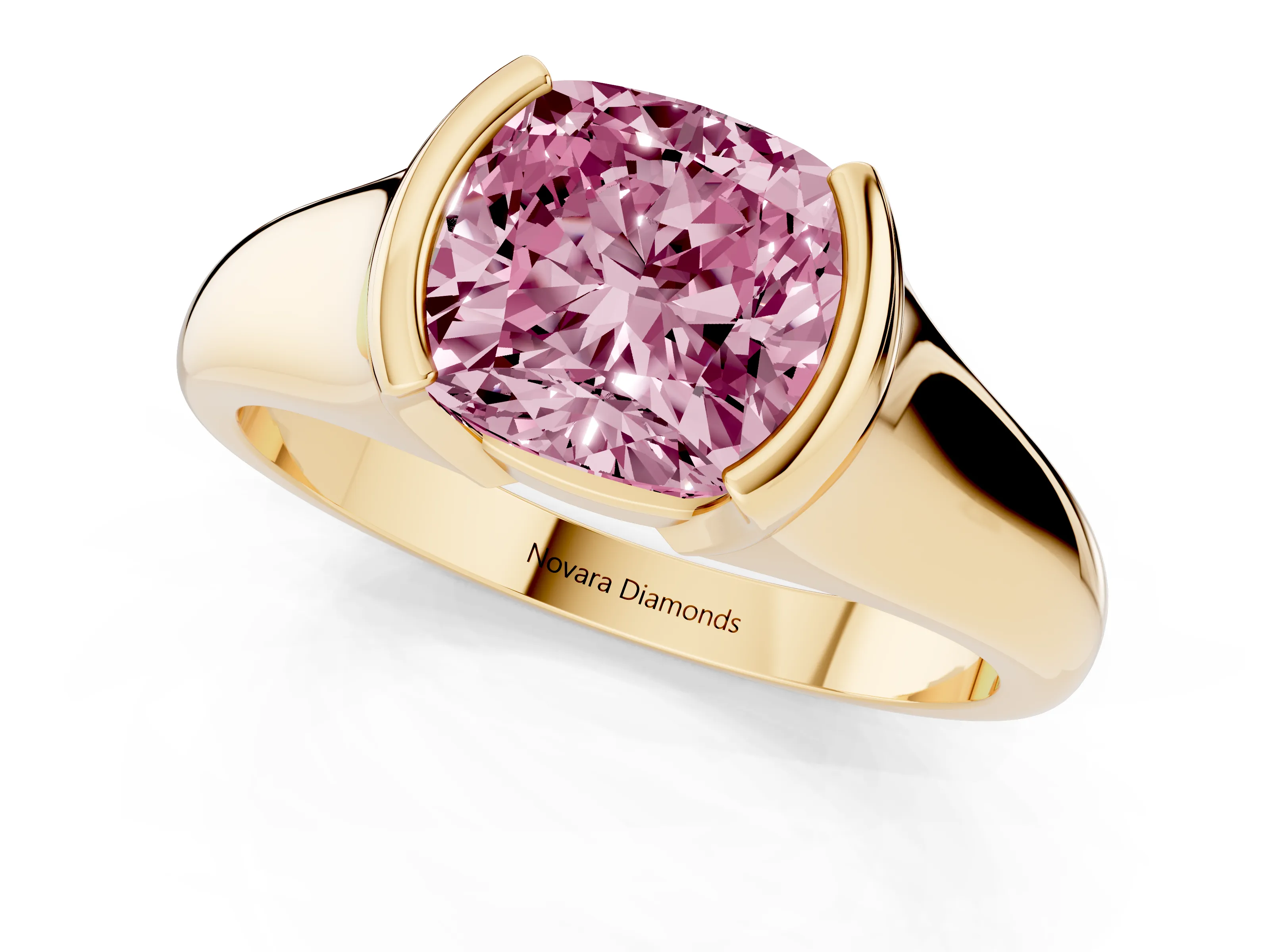Fancy Pink Cushion Cut Diamond Solitaire Tension Set Ring Set in Yellow gold with Split Shank Band