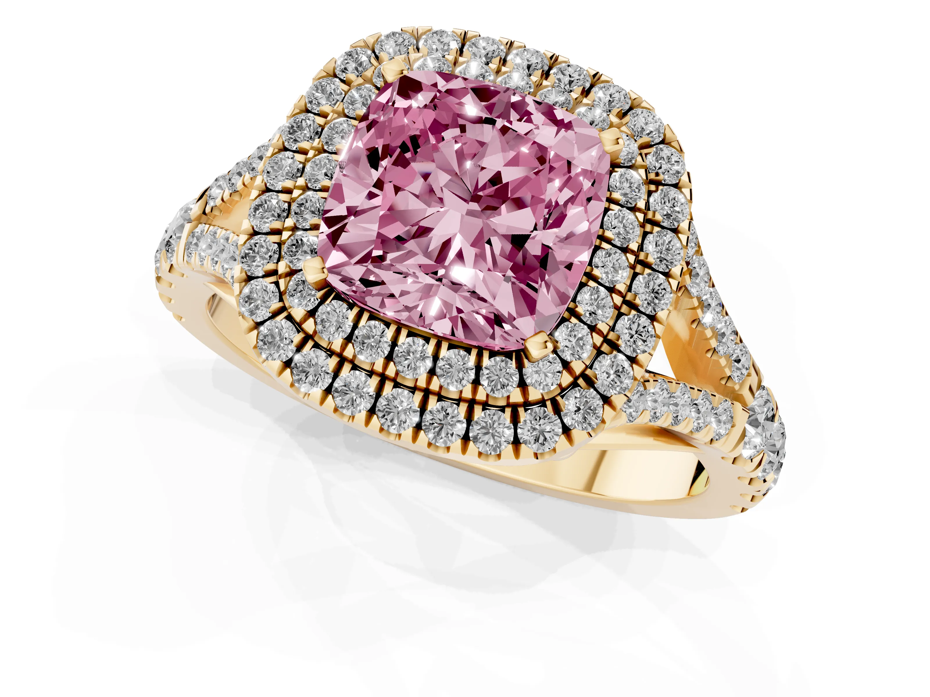 Fancy Pink Cushion Cut Diamond Pavé Split Shank Double Halo Engagement Ring Set in Yellow gold