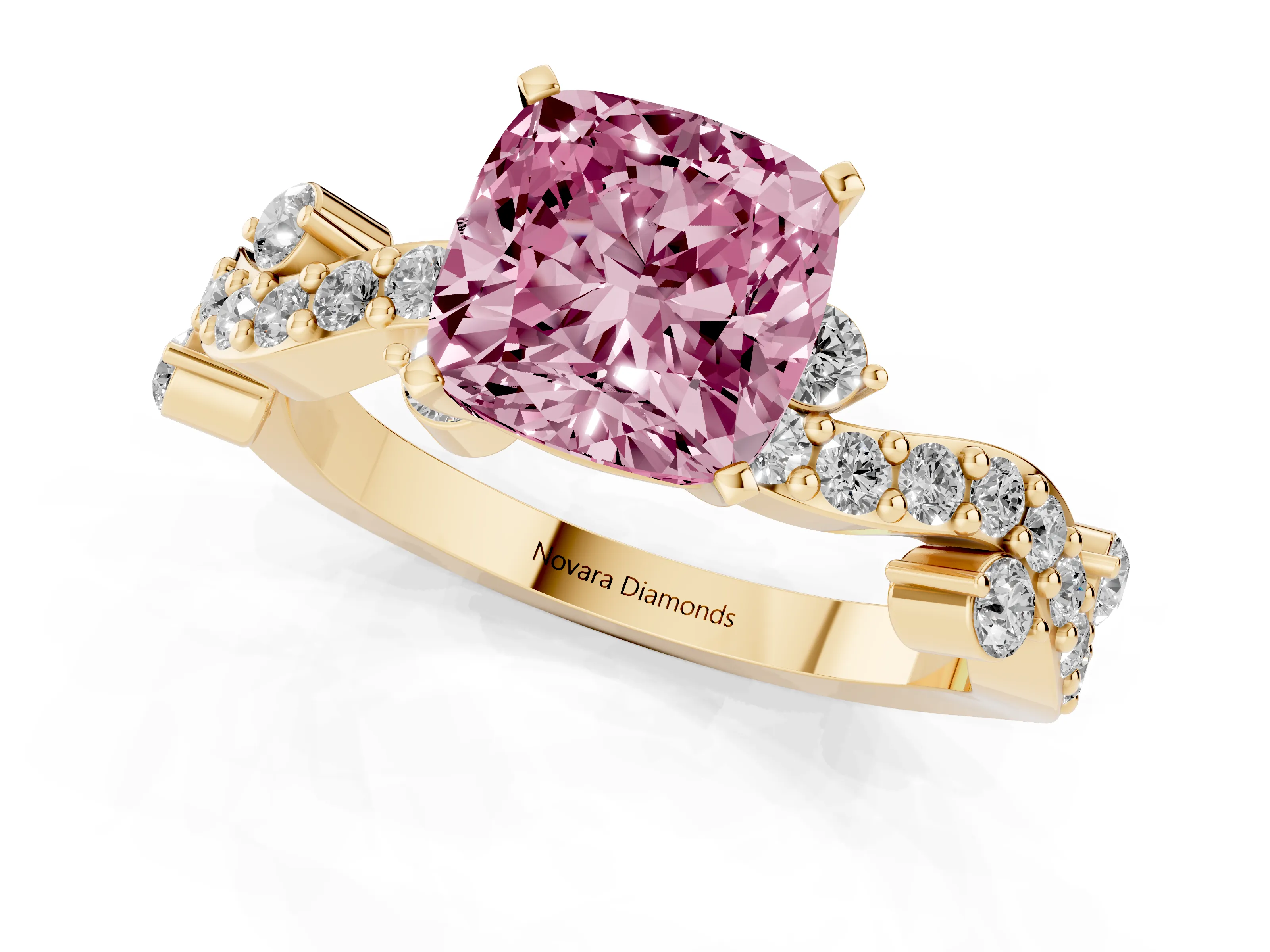 Fancy Pink Cushion Cut Diamond Solitaire Twisted Band Set in Yellow gold with Pavé Setting