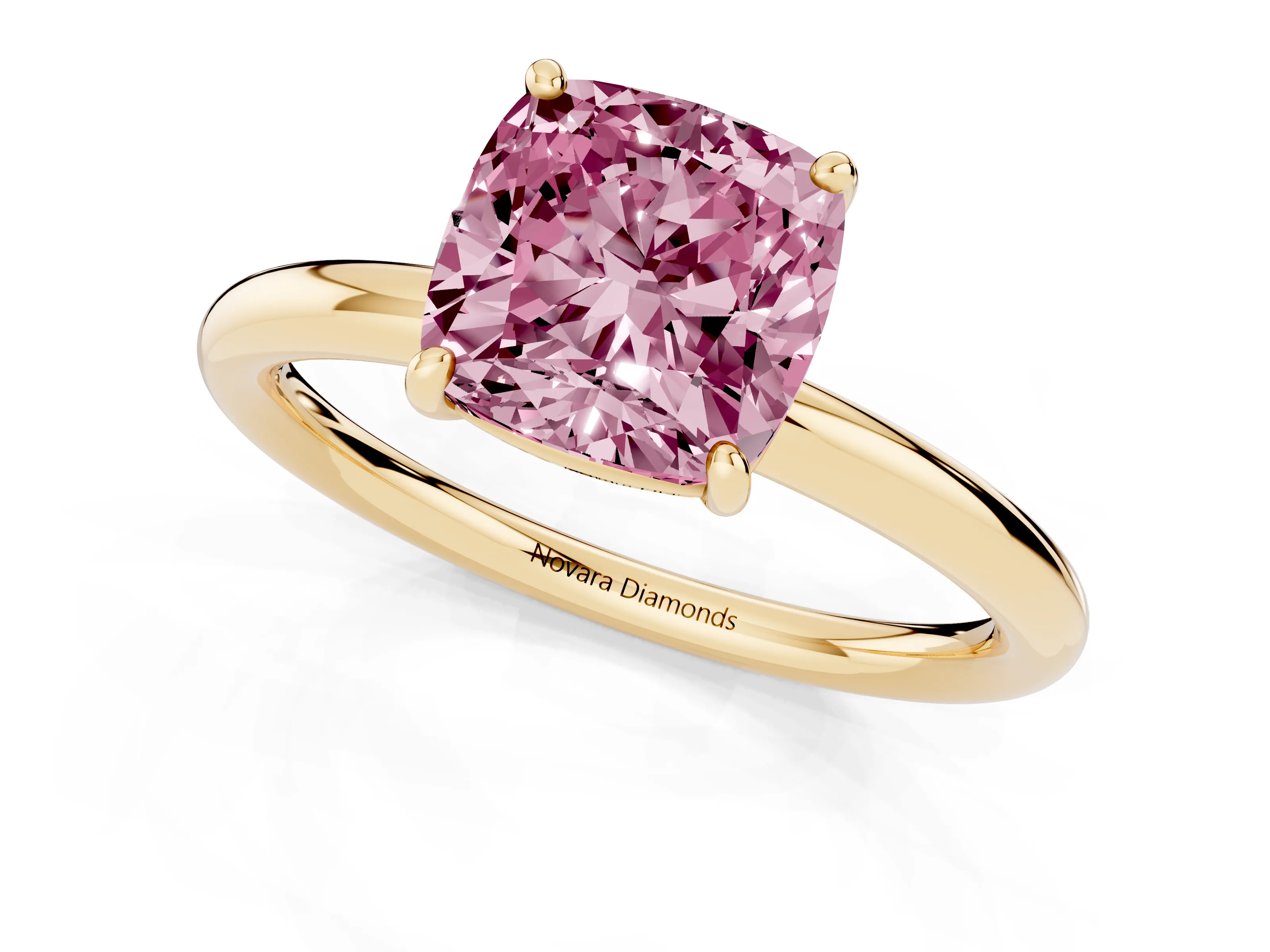 Fancy Pink Cushion Cut Diamond Solitaire Ring Set in Yellow gold with Prong Setting on a Polished Plain Band
