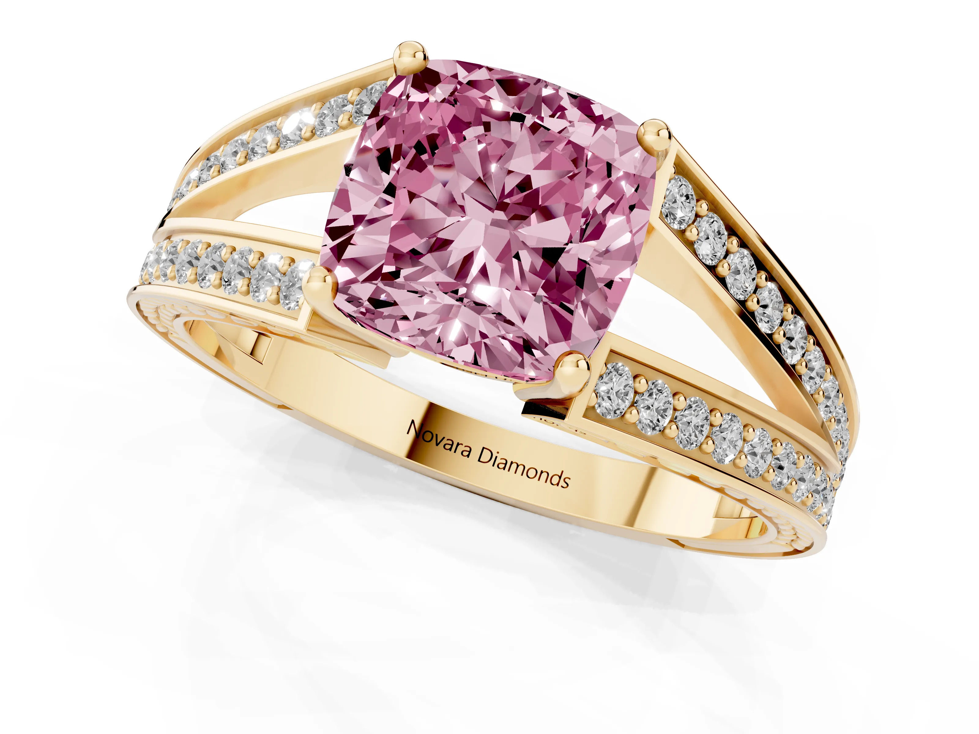 Fancy Pink Cushion Cut Diamond Split Shank Ring Set in Yellow gold with Pavé Band and Prong Setting