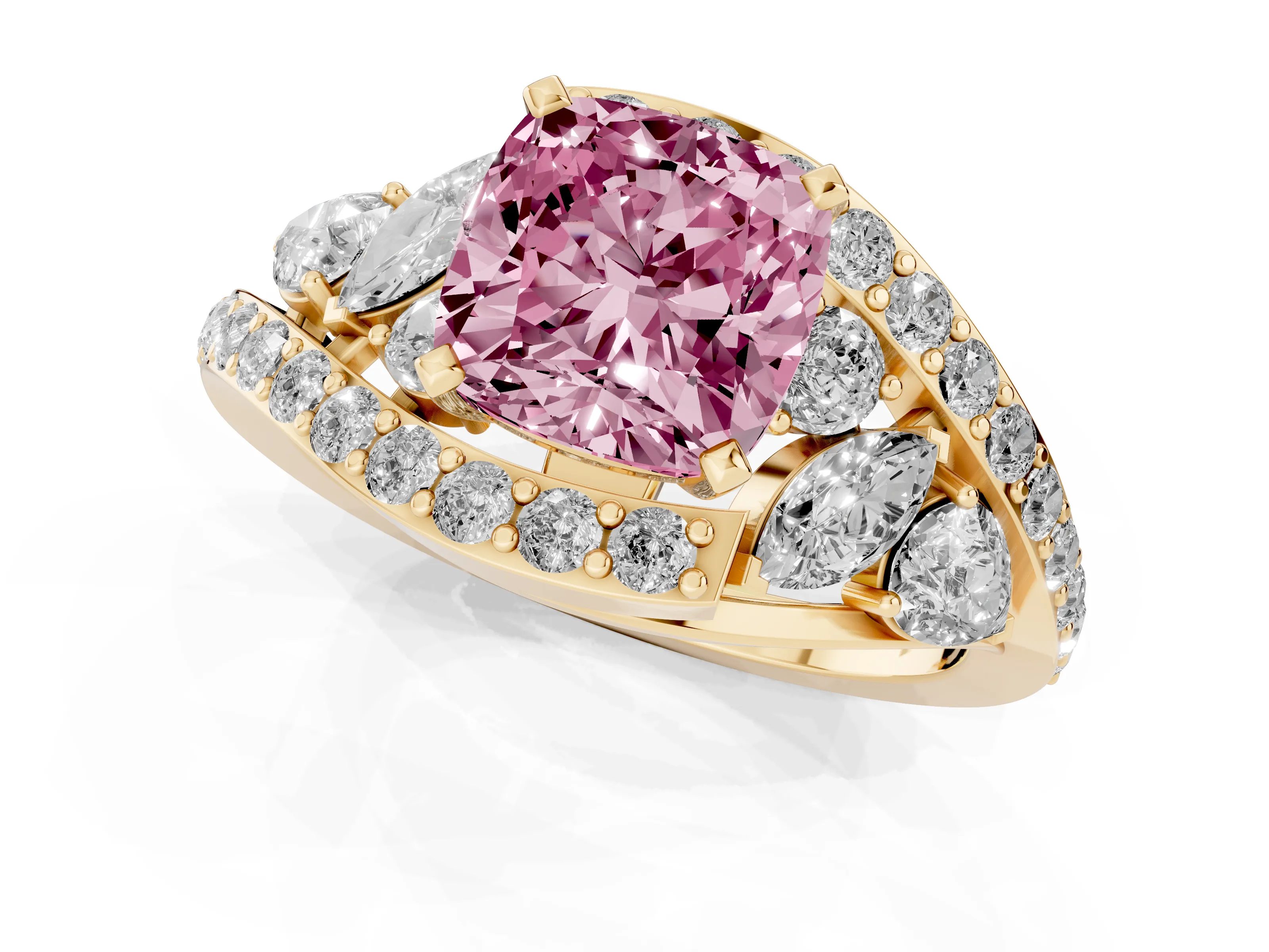 Fancy Pink Cushion Cut Diamond Halo Ring Set in Yellow gold with Marquise and Pavé Band in Prong Setting