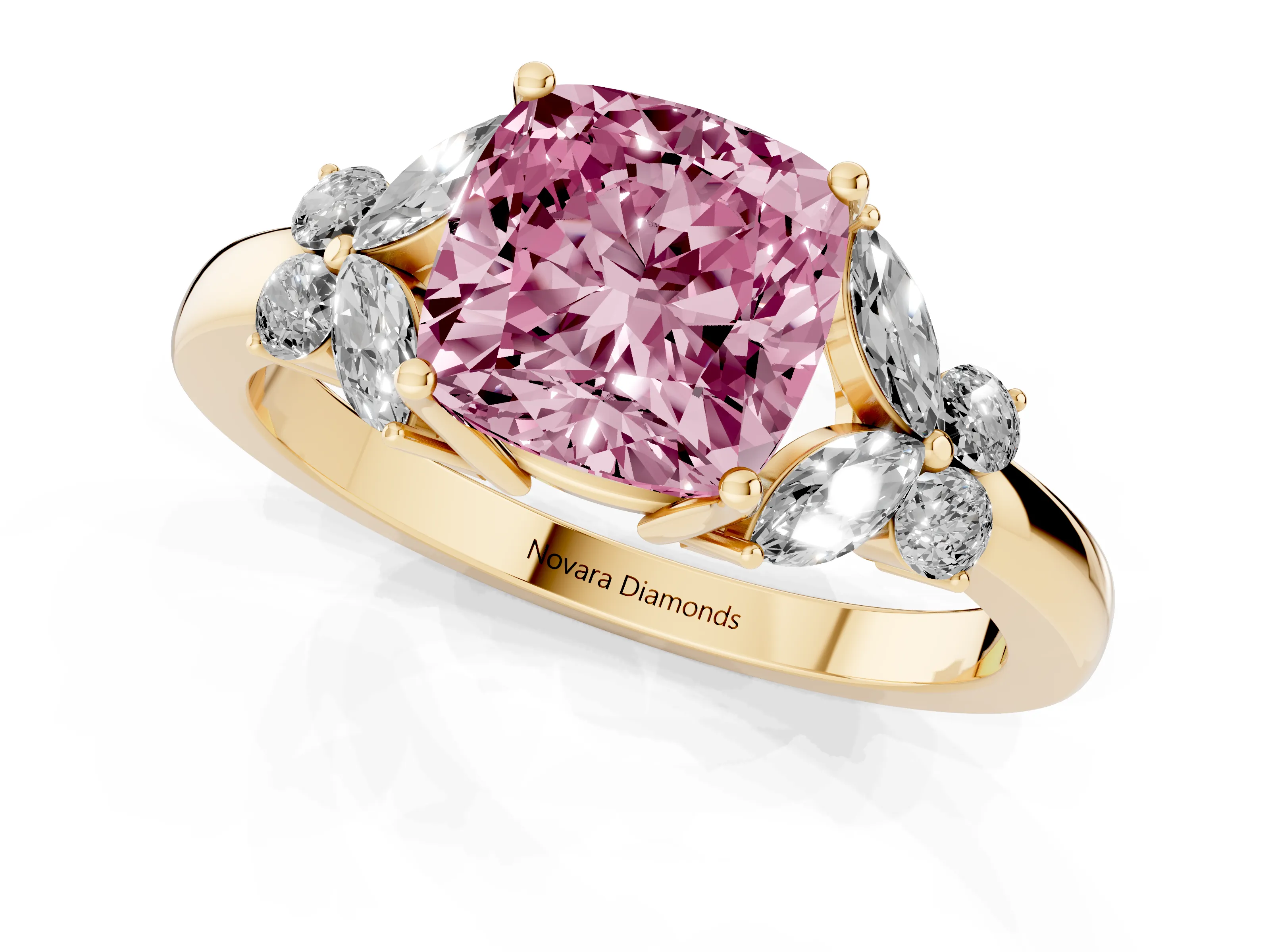 Fancy Pink Cushion Cut Diamond Solitaire Floral Ring Set in Yellow gold with Marquise Petals and Prong Setting
