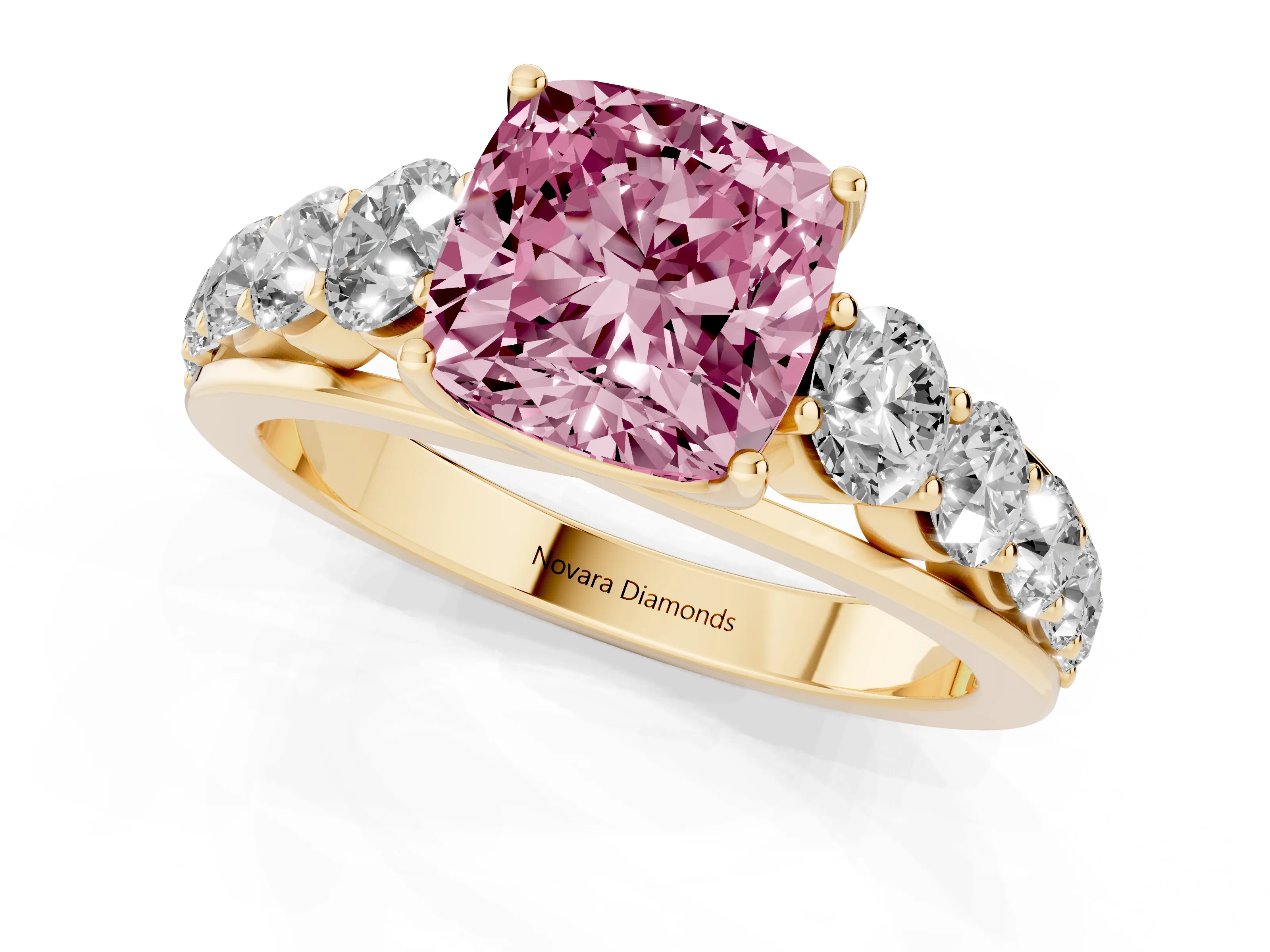 Fancy Pink Cushion Cut Diamond Solitaire Ring Set in Yellow gold with Pavé-Set Band and Prong Setting